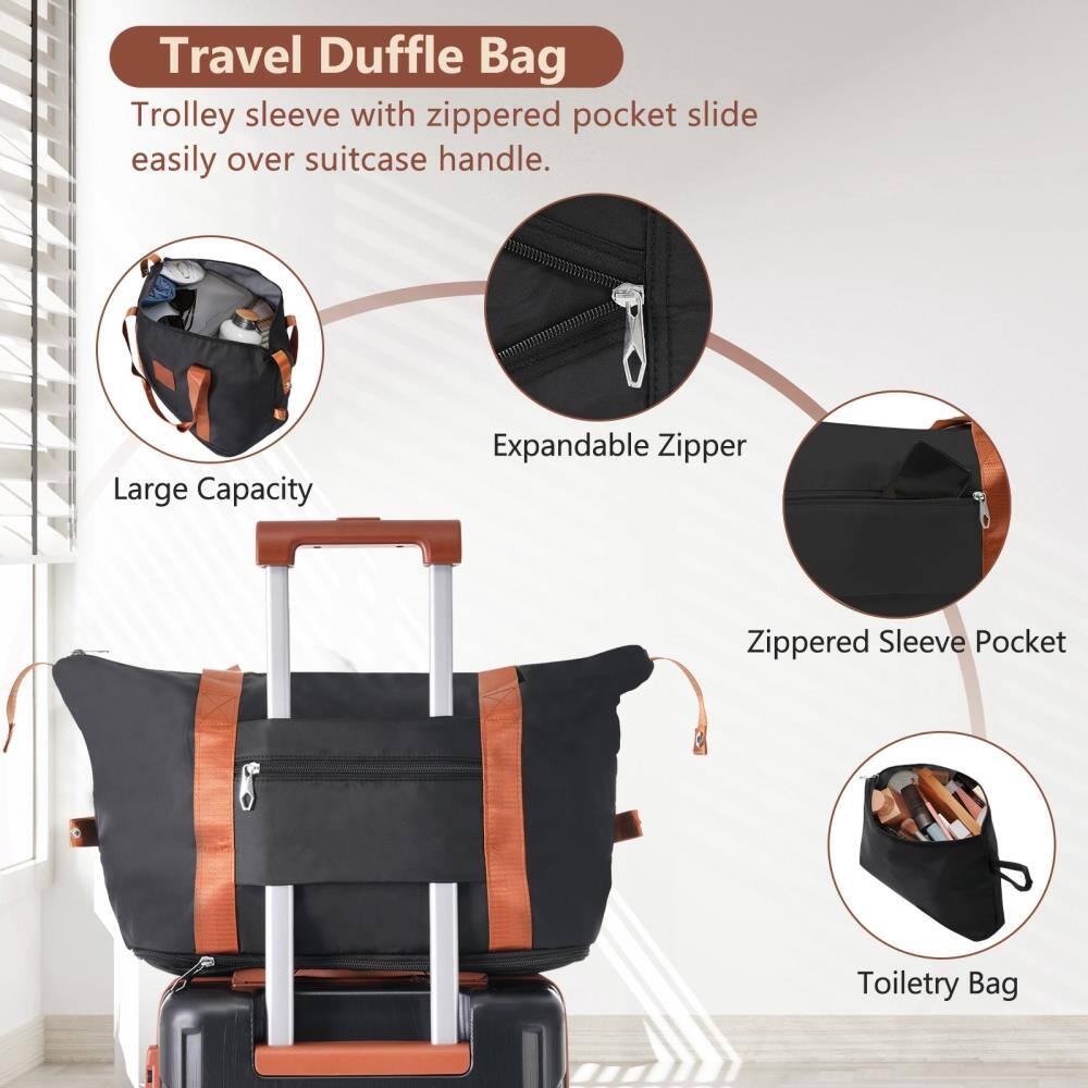 Travel Duffle Bag

- Trolley sleeve with zippered pocket slide easily over suitcase handle.
- Large Capacity
- Expandable Zipper
- Zippered Sleeve Pocket
- Toiletry Bag