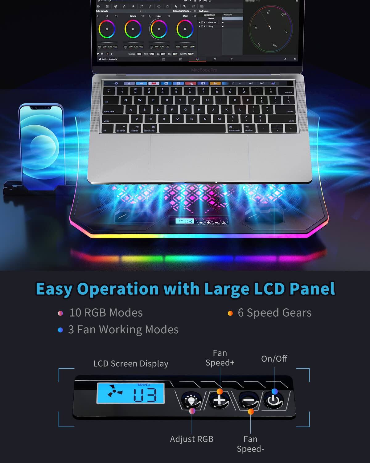 Easy Operation with Large LCD Panel

- 10 RGB Modes
- 3 Fan Working Modes
- 6 Speed Gears

LCD Screen Display

- Fan Speed+
- On/Off
- Adjust RGB
- Fan Speed-