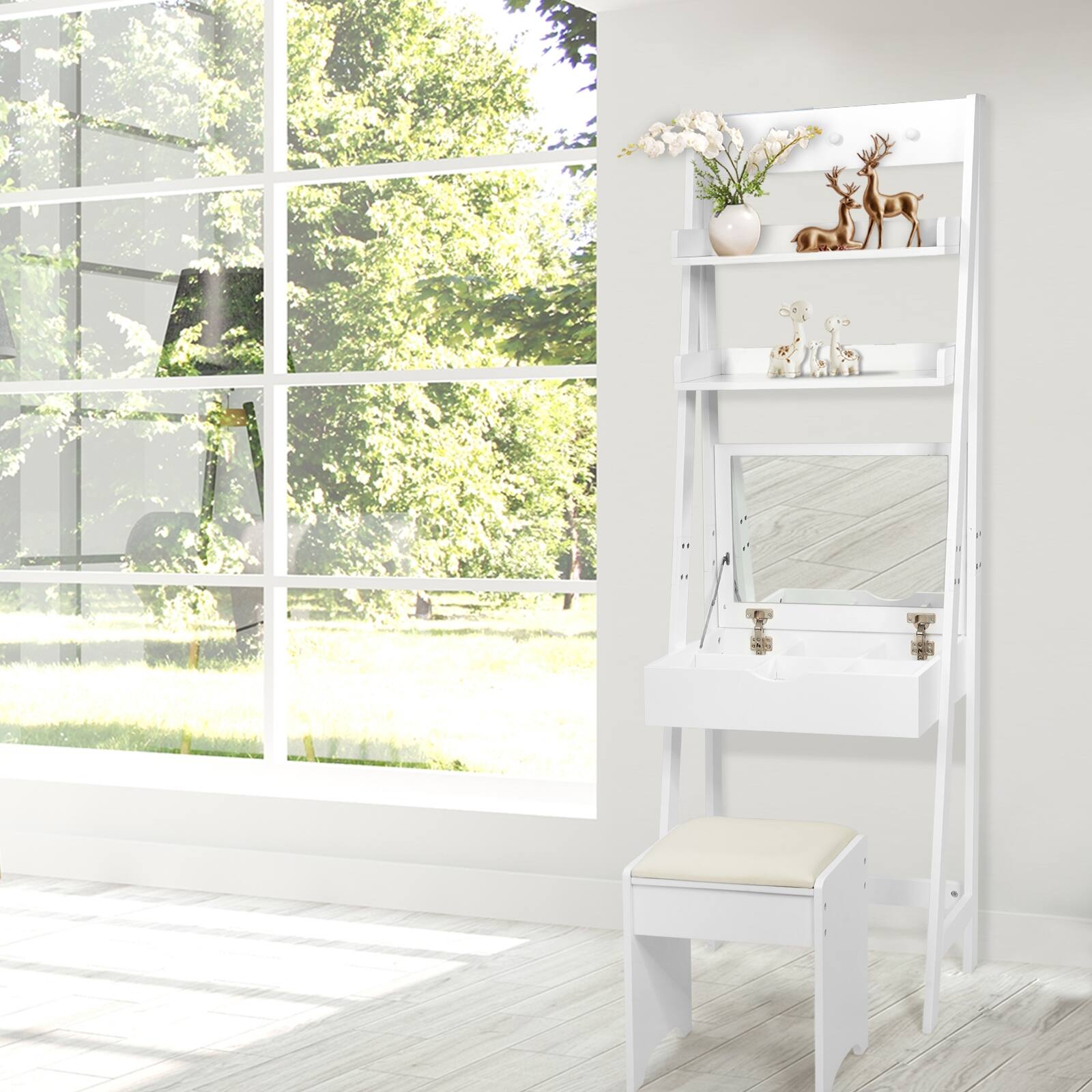 Alt View 9. Ecooso - 3-in-1 Makeup Vanity Table with Flip Mirror, Open Shelf and Multiple Organizer Compartments - White.