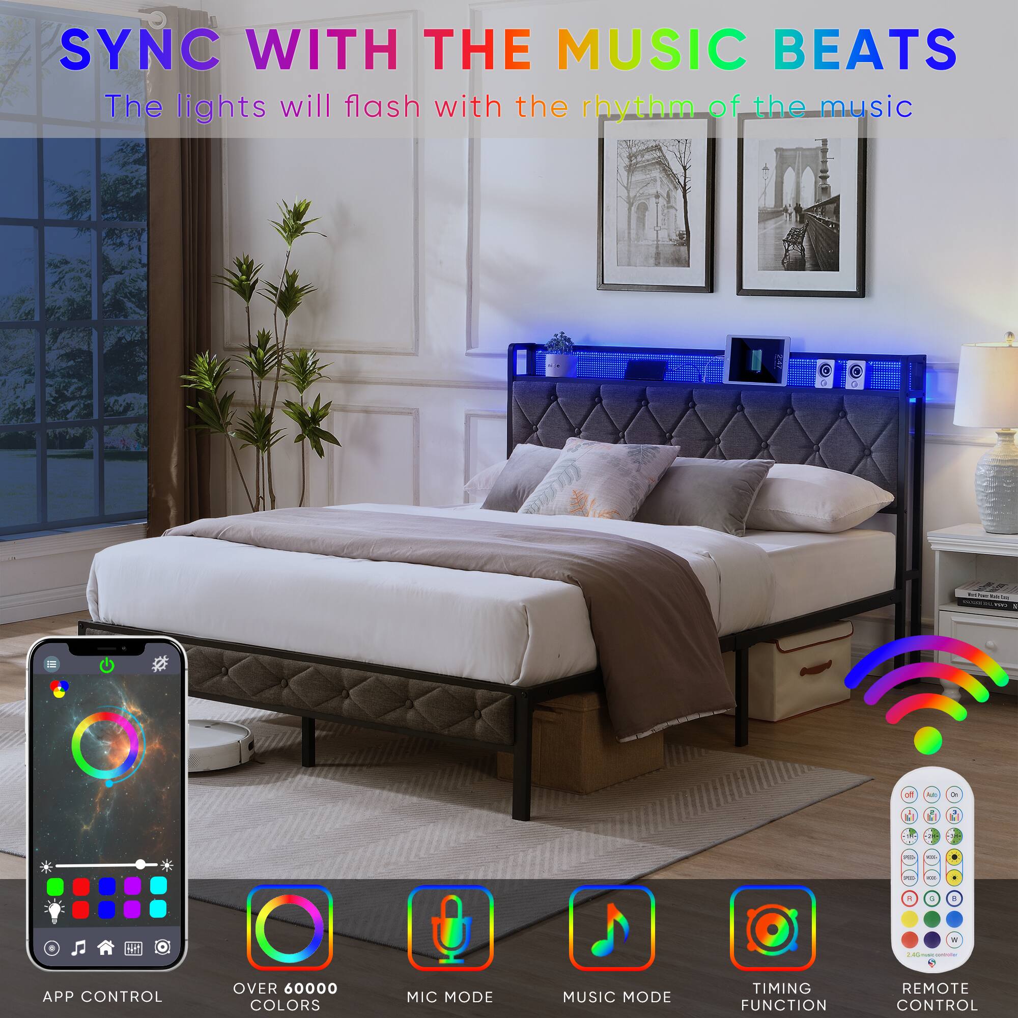 SYNC WITH THE MUSIC BEATS  
The lights will flash with the rhythm of the music  

- APP CONTROL  
- OVER 60000 COLORS  
- MIC MODE  
- MUSIC MODE  
- TIMING FUNCTION  
- REMOTE CONTROL