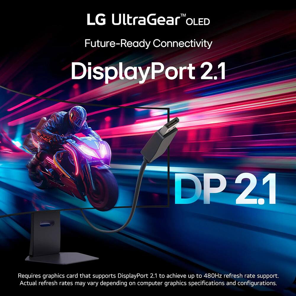 LG UltraGear™ OLED  
Future-Ready Connectivity  
DisplayPort 2.1  
DP 2.1  

Requires graphics card that supports DisplayPort 2.1 to achieve up to 480Hz refresh rate support.  
Actual refresh rates may vary depending on computer graphics specifications and configurations.