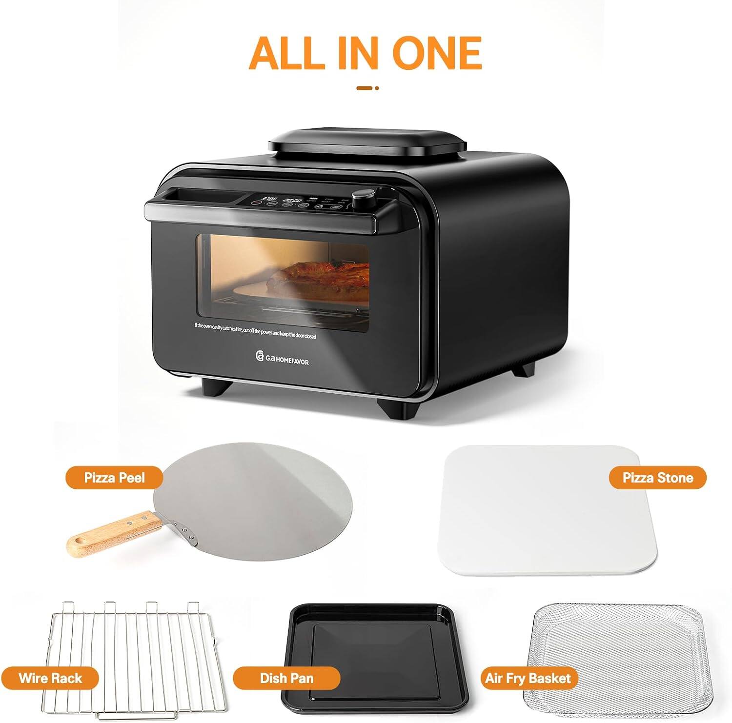 ALL IN ONE

- Pizza Peel
- Pizza Stone
- Wire Rack
- Dish Pan
- Air Fry Basket