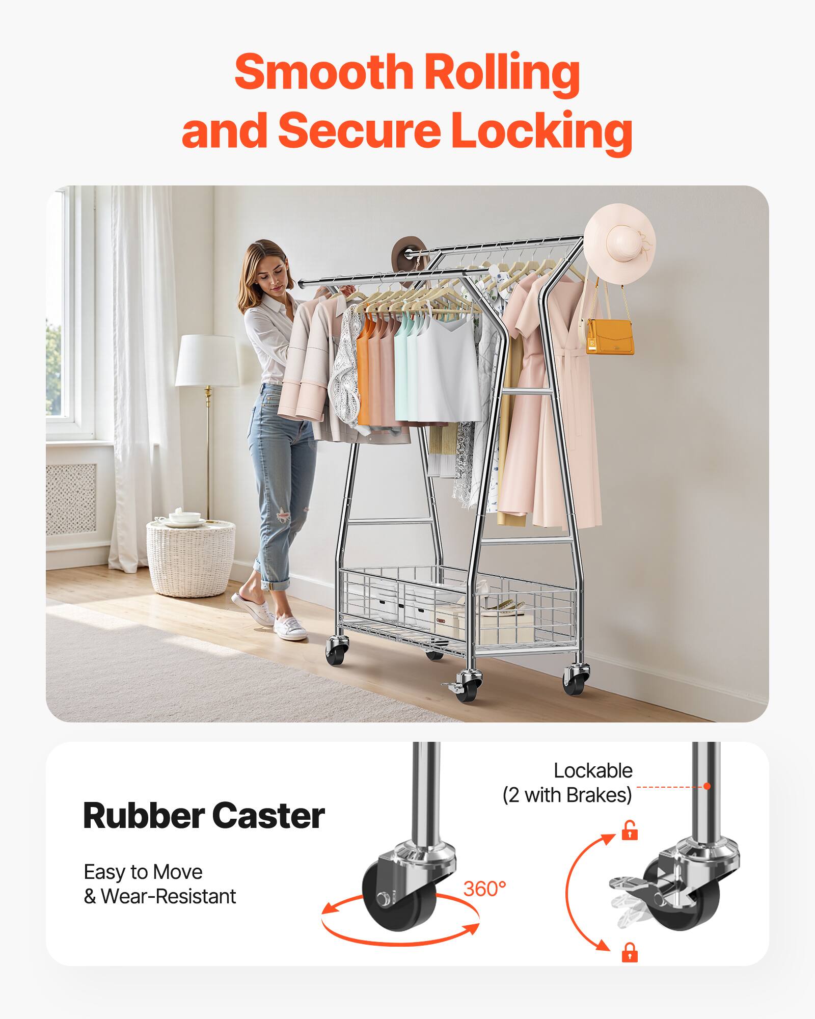 Smooth Rolling and Secure Locking

Rubber Caster
Easy to Move & Wear-Resistant

Lockable (2 with Brakes)

360°