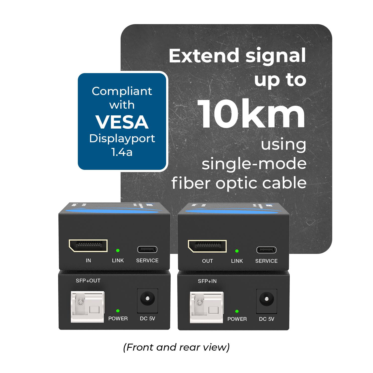 Extend signal up to 10km using single-mode fiber optic cable  
Compliant with VESA Displayport 1.4a  
IN LINK SERVICE  
OUT LINK SERVICE  
SFP+OUT SFP+IN  
POWER DC 5V POWER DC 5V  
(Front and rear view)