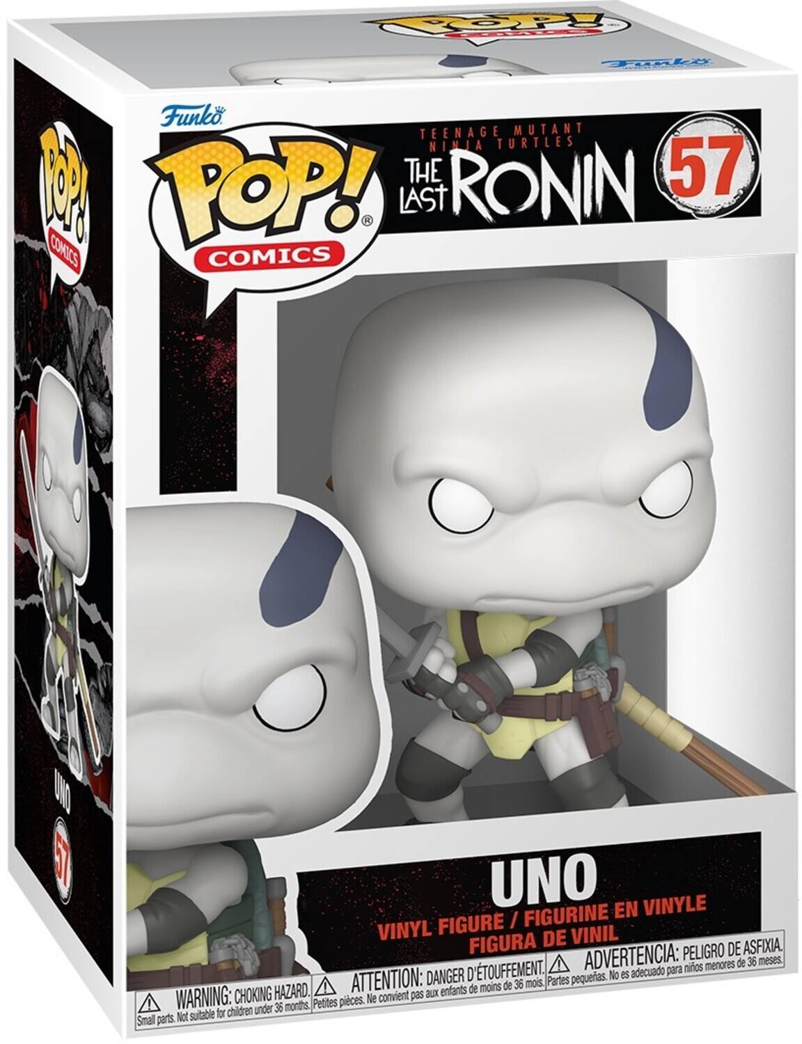 **TEENAGE MUTANT NINJA TURTLES**  
**THE LAST RONIN**  
**57**

**POP! COMICS**

**UNO**  
**VINYL FIGURE / FIGURINE EN VINYLE / FIGURA DE VINIL**

**WARNING: CHOKING HAZARD.**  
**ATTENTION: DANGER D'ÉTOUFFEMENT.**  
**ADVERTENCIA: PESEGO DE ASFIXIA.**

**Small parts. Not suitable for children under 36 months.**  
**Petites pièces. Ne convient pas aux enfants de moins de 36 mois.**  
**Partes pequeñas. No es adecuado para niños menores de 36 meses.**