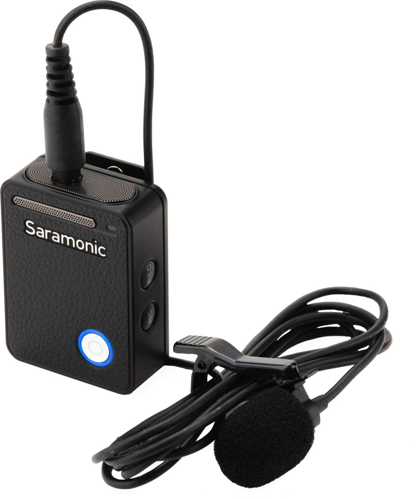 The image features a black Saramonic REC NC device, which is a microphone and recorder combination. The device is attached to a black cord, and there is a black microphone attached to the end of the cord. The device is designed to record audio and is likely used for various purposes, such as podcasting, voiceovers, or interviews.