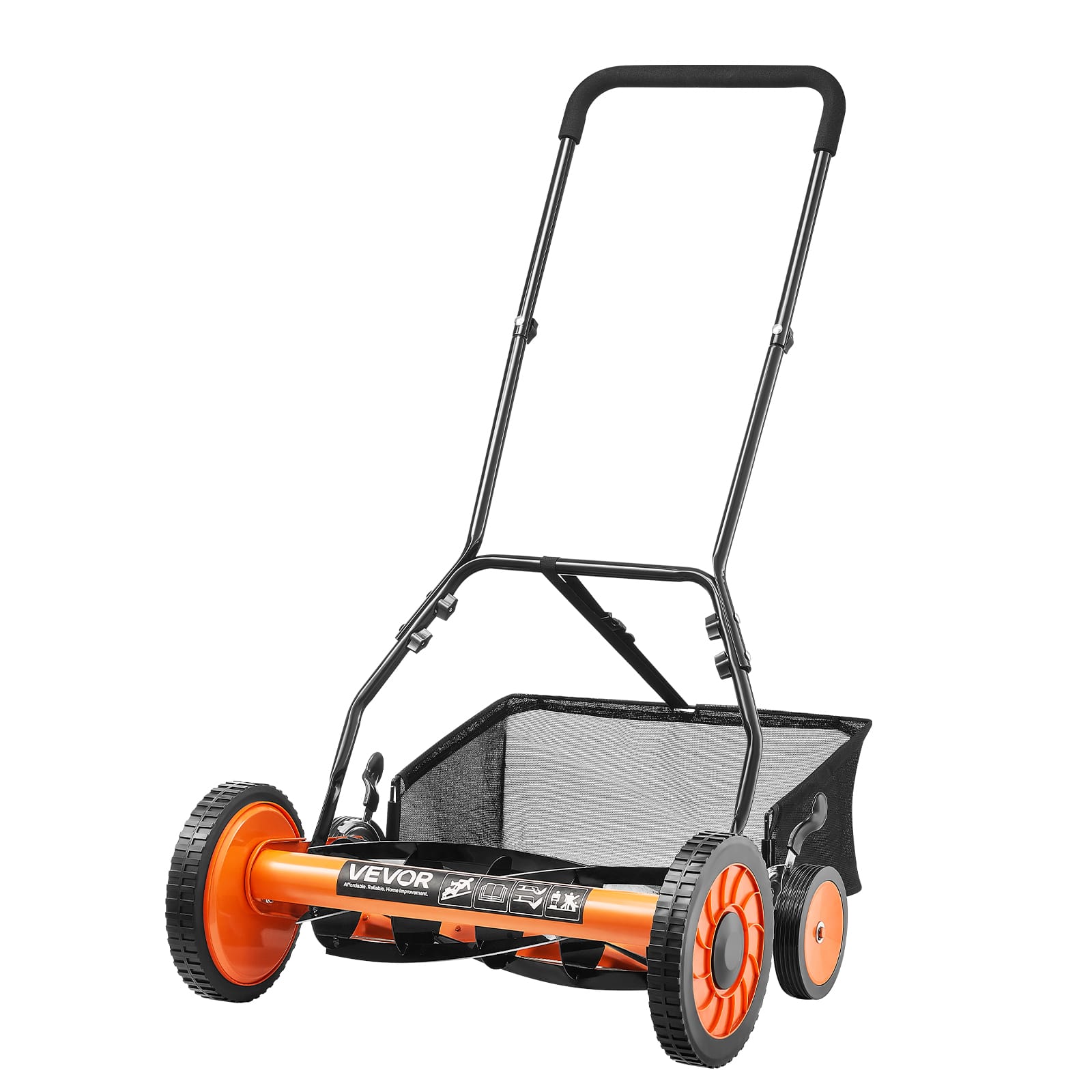 VEVOR - Push Reel Lawn Mower 18 inch, 5 Blades Manual Push Mower No Motor, 1.37-2.44 in Adjustable Cutting Height - Orange+black+white wheels