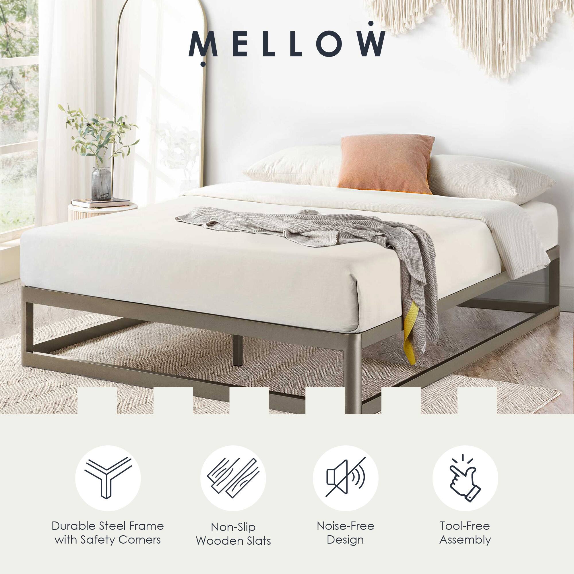 MELLOW

- Durable Steel Frame with Safety Corners
- Non-Slip Wooden Slats
- Noise-Free Design
- Tool-Free Assembly