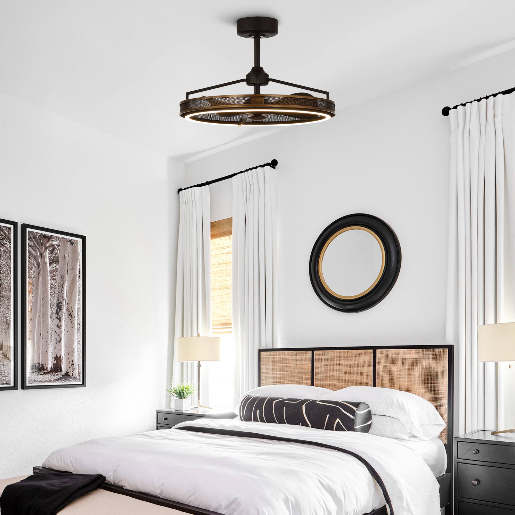 Left. Parrot Uncle - 27" Industrial Metal LED Ceiling Fan with Remote Control - Brass.