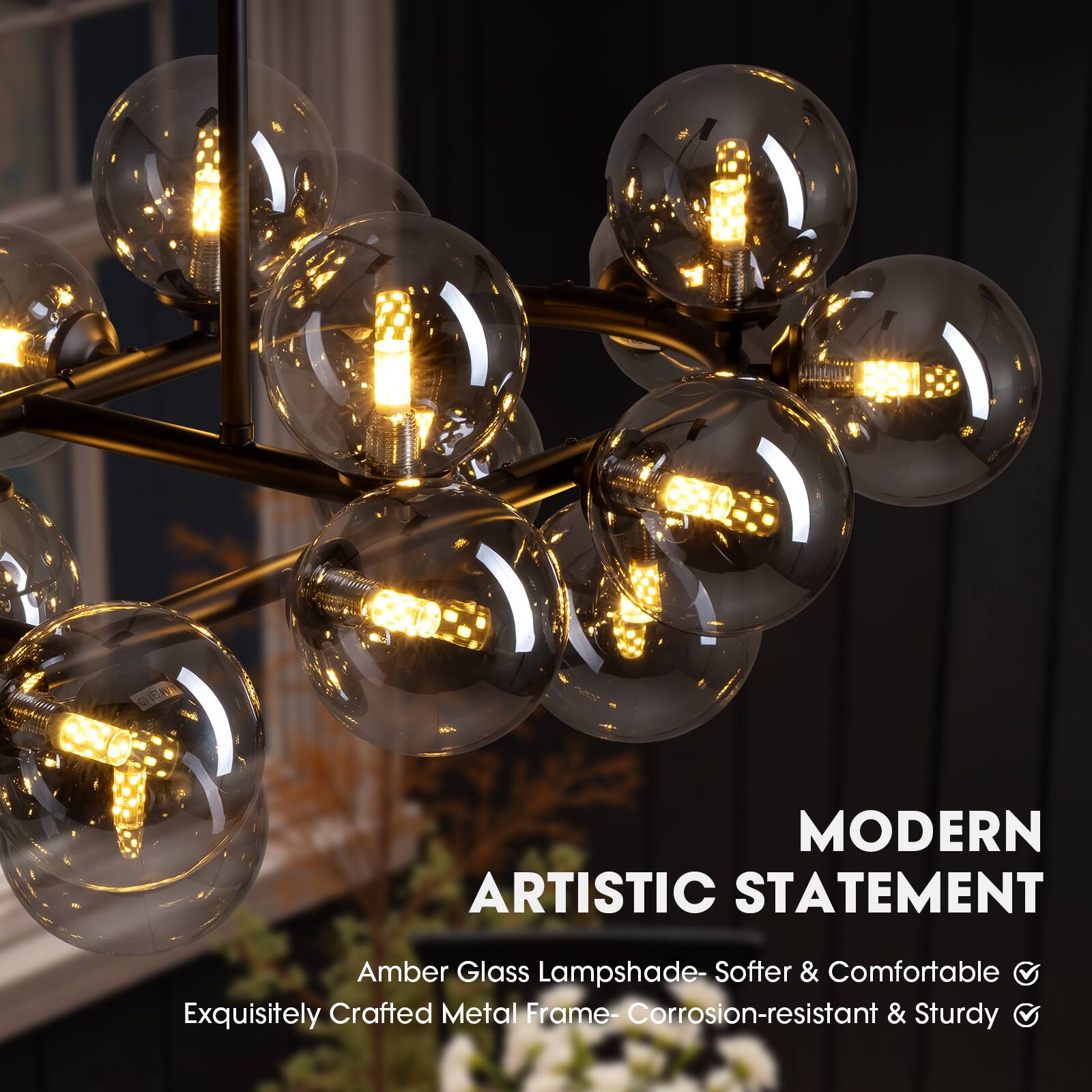 MODERN ARTISTIC STATEMENT  
Amber Glass Lampshade - Softer & Comfortable  
Exquisitely Crafted Metal Frame - Corrosion-resistant & Sturdy
