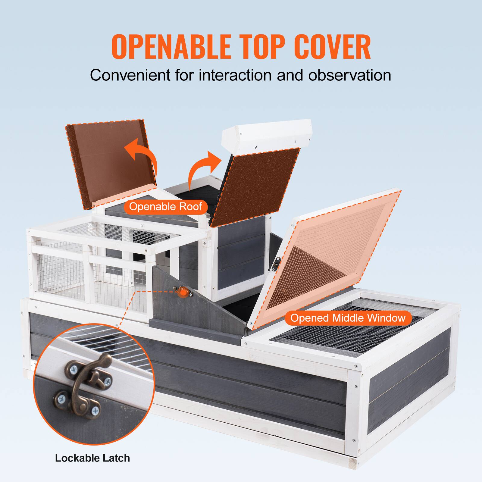 OPENABLE TOP COVER  
Convenient for interaction and observation  

Openable Roof  
Opened Middle Window  
Lockable Latch