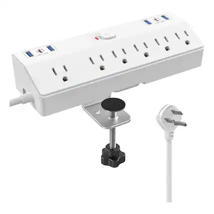 Front. Dazzed Corner - Desk Clamp Power Strip 10FT Extension Cord - White.