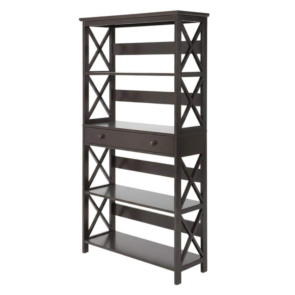 FurniFact - 5-Tier Bookcase with Drawer in Modern Finish for Storage and Organization - Espresso