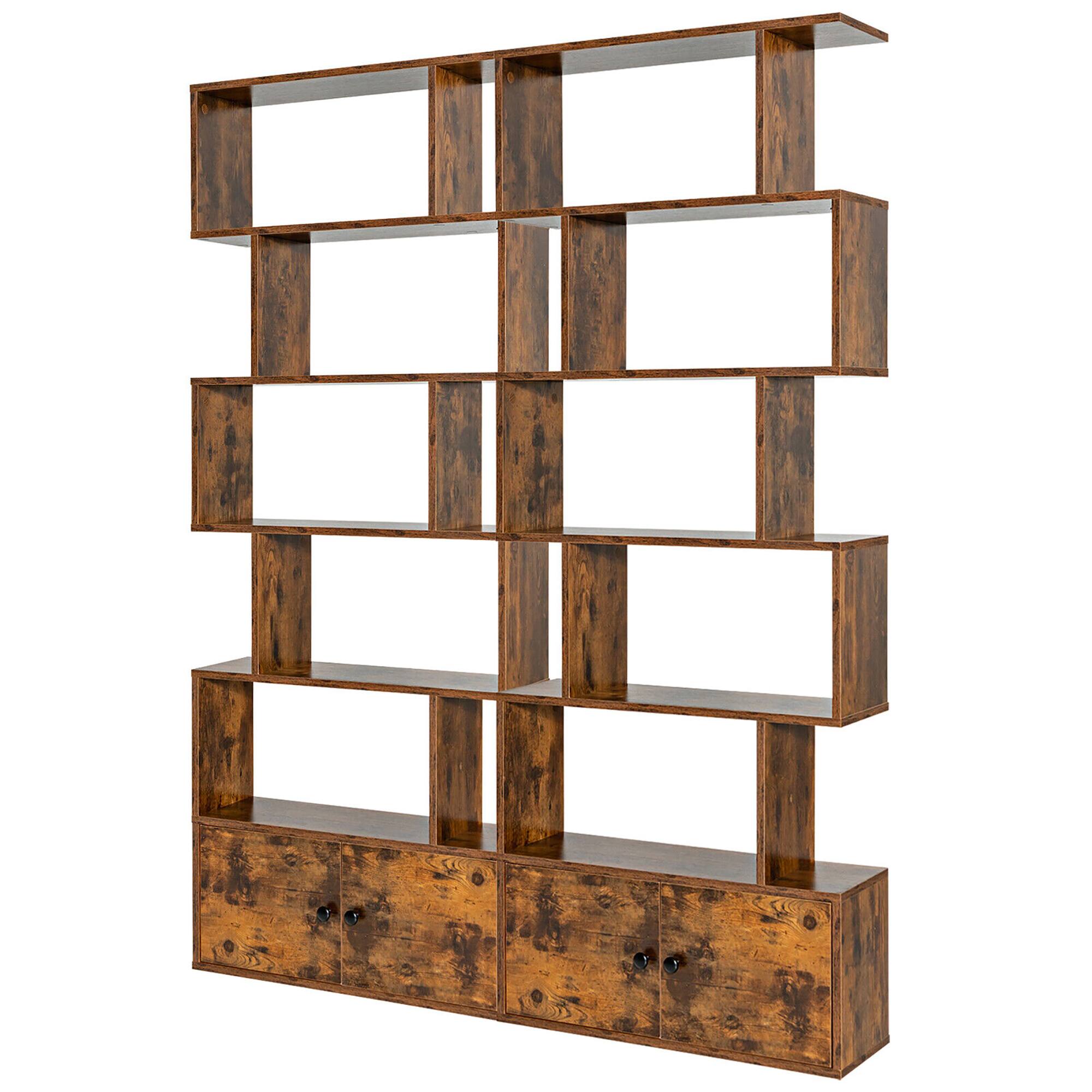 Alt View 1. Gymax - Gymax 2 PCS Bookshelf w/ Cabinet 6-Tier S-Shaped Bookcase Storage Rack Rustic Brown - Rustic Brown.