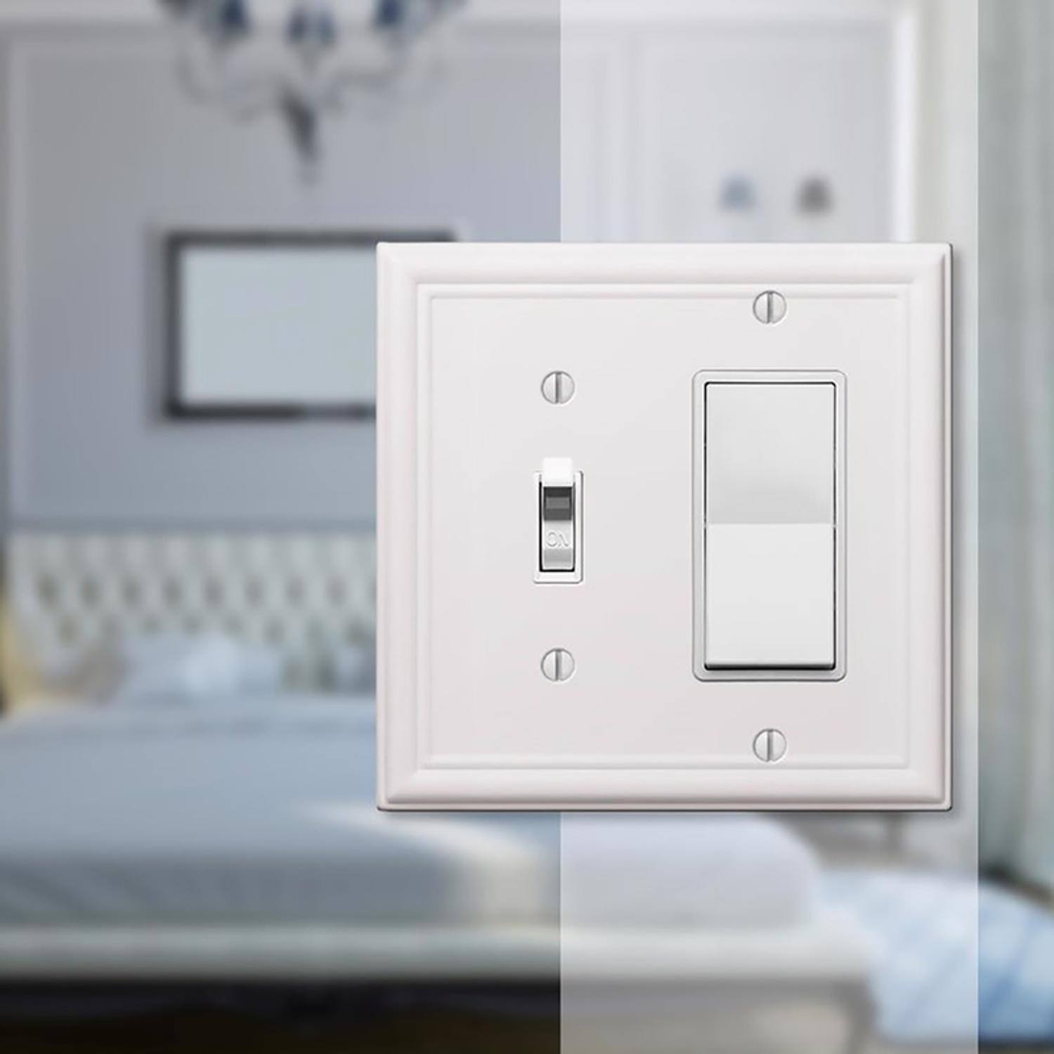 Left. AMERELLE - Amerelle Chelsea White 2 gang Stamped Steel Decorator/Toggle Wall Plate 1 pk - White.