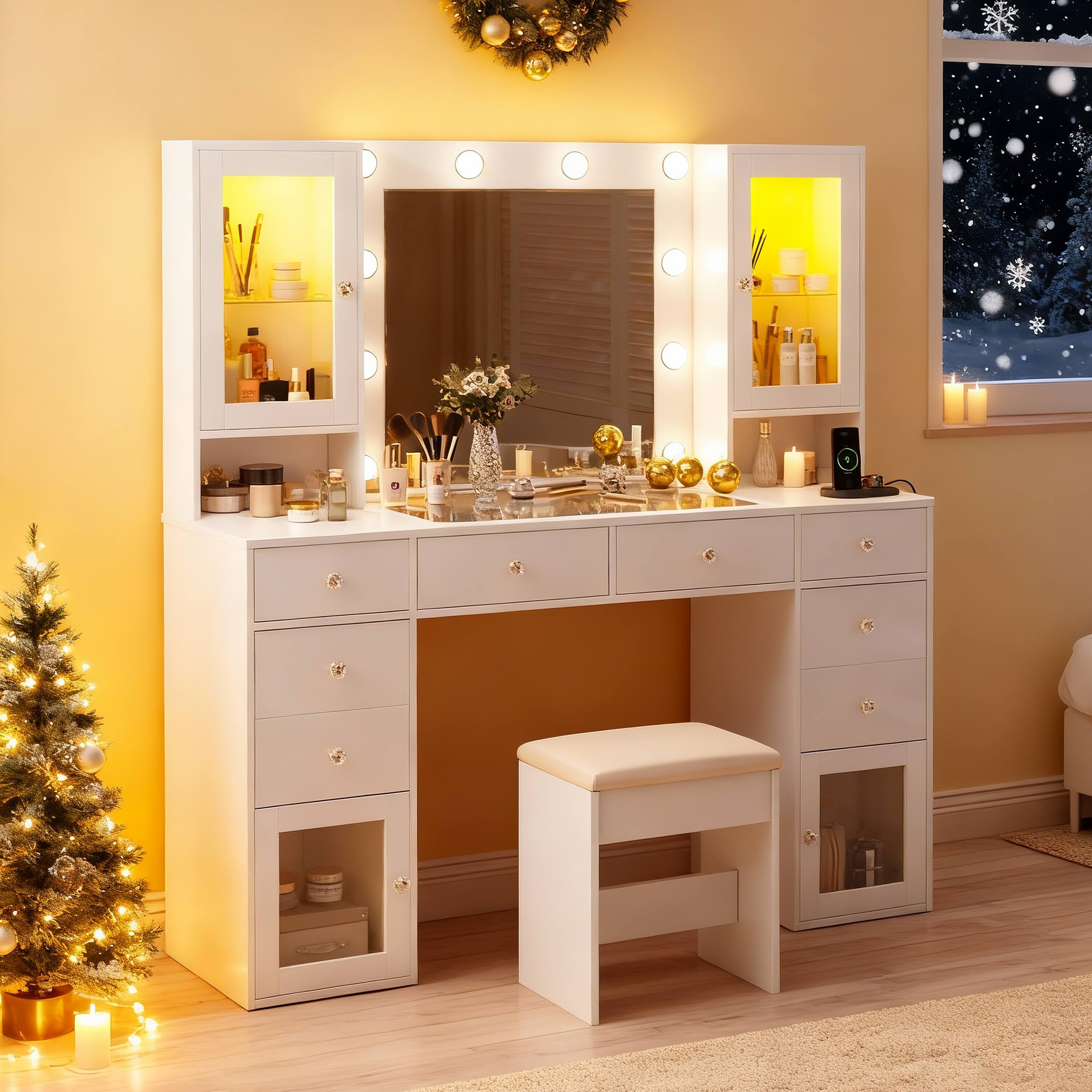 Alt View 3. Dyonery - Dyonery modern multi-functional dressing table, equipped with drawers, dust-proof glass cabinets with fill lights - White.