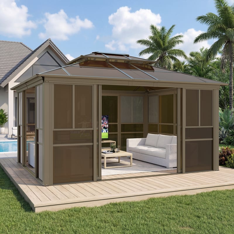 U-HOMY - Sunroom Gazebo with Double Roof, Adjustable Windows & Lockable Sliding Doors, All-Weather Solarium for Patio - 12' x 14'