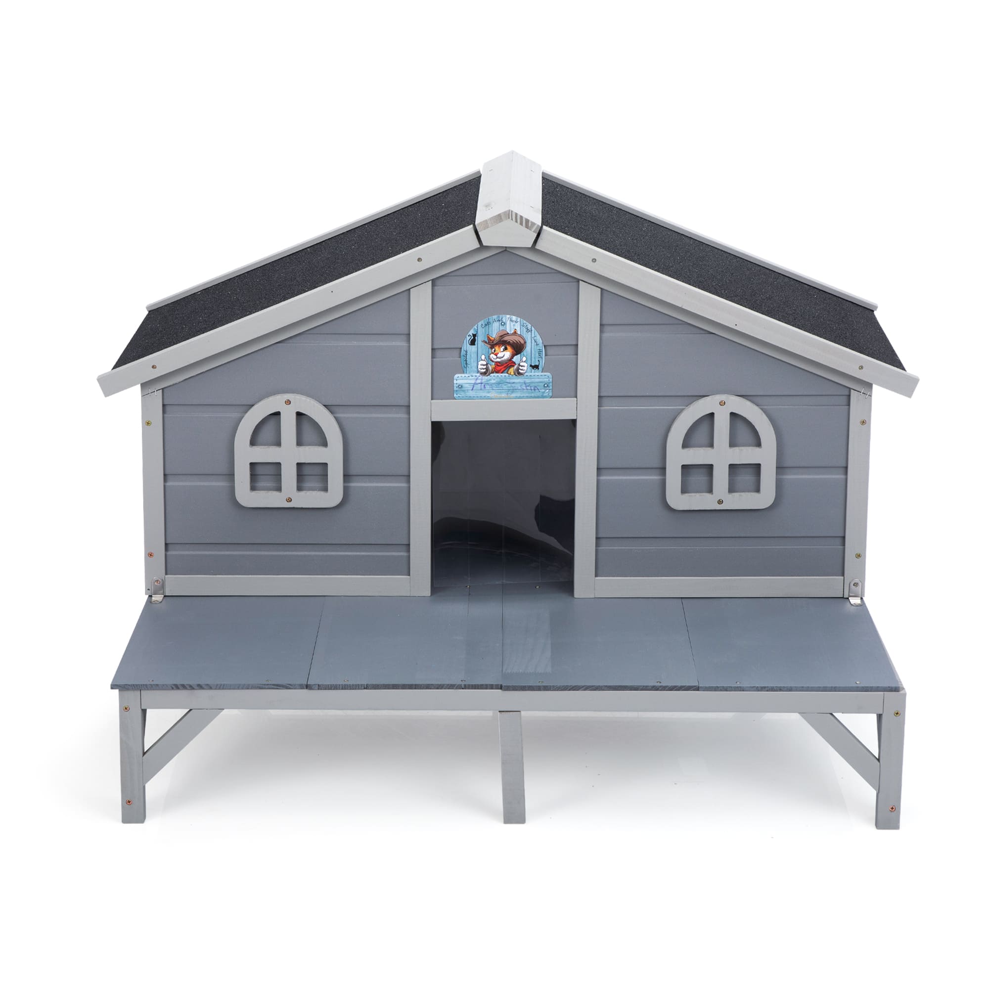 Siljoy - All Weather Cat House, Indoor Outdoor Catio with Fringe Curtains, Lockable Doors, Gray Cozy Cat Shelter