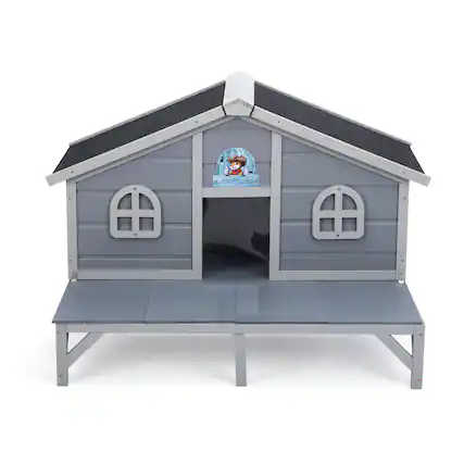 Front. Boyel Living - Gray All Weather Wooden Cat House Indoor Outdoor Cat Enclosure with Play Pen Cozy Fringe Curtains with Pine Wood and - Gray.