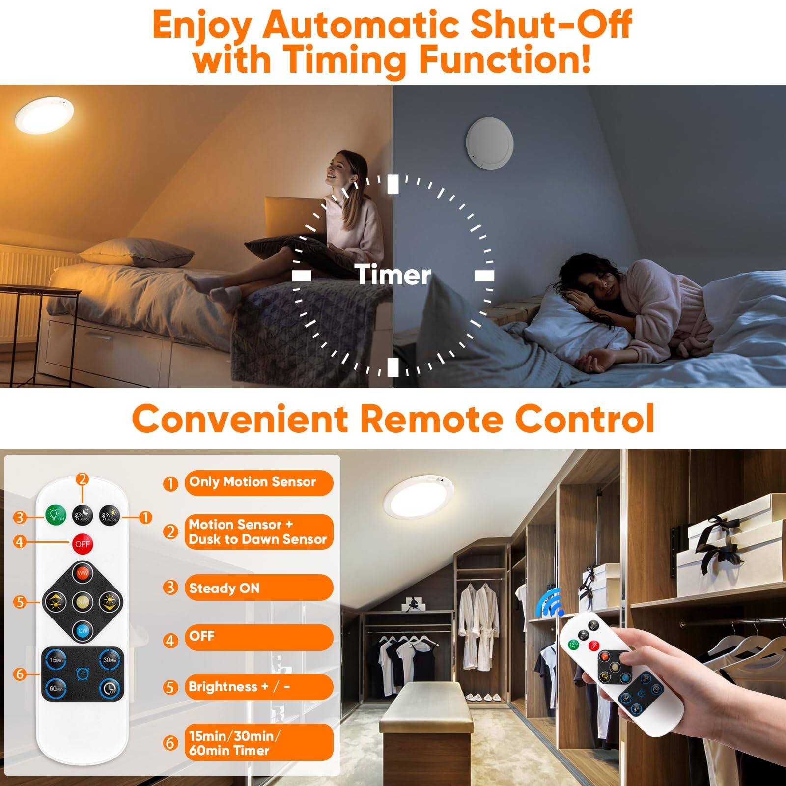 Enjoy Automatic Shut-Off with Timing Function!  
Timer  
Convenient Remote Control  

1. Only Motion Sensor  
2. Motion Sensor + Dusk to Dawn Sensor  
3. Steady ON  
4. OFF  
5. Brightness + / -  
6. 15min/30min/60min Timer