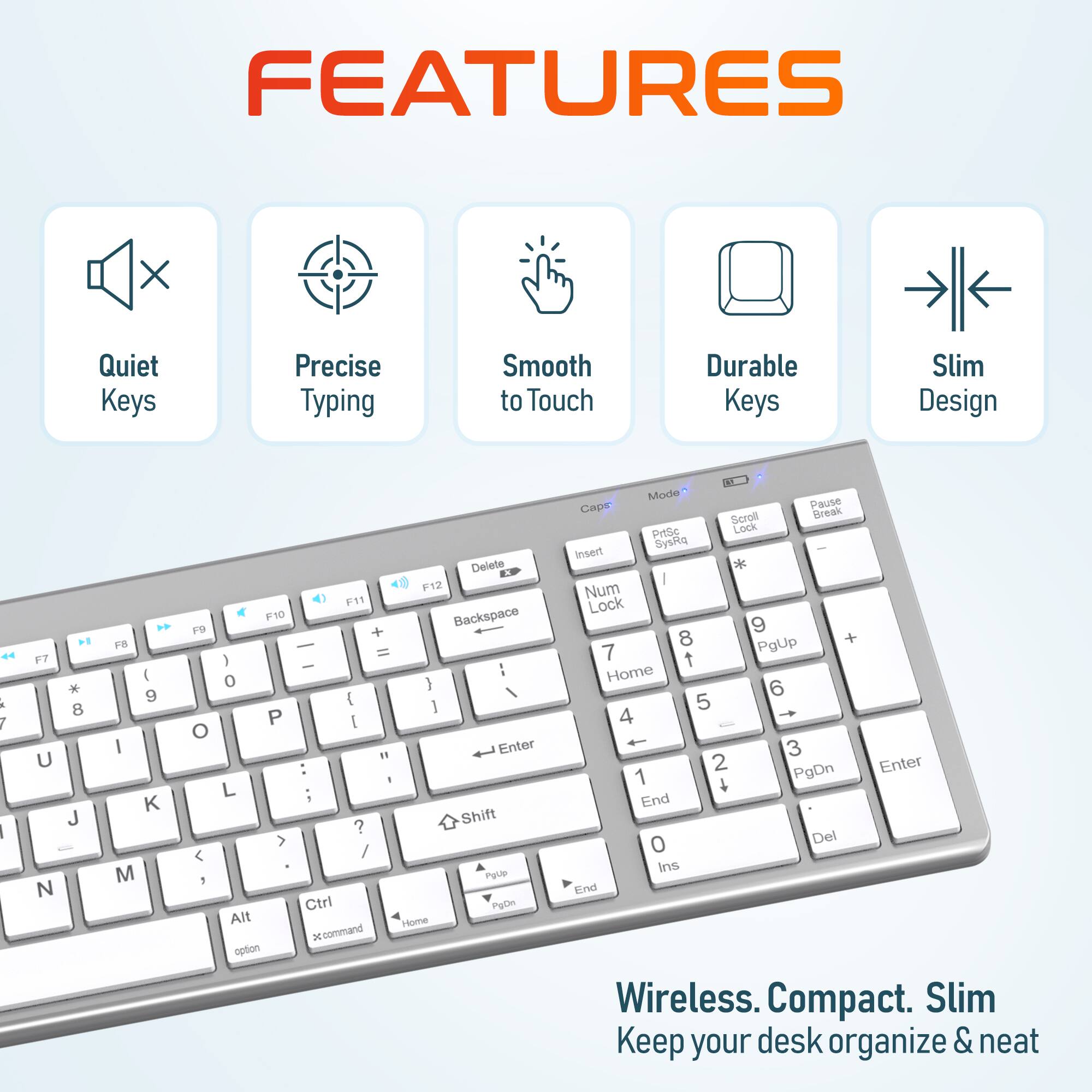 FEATURES: Quiet Keys, Precise Typing, Smooth to Touch, Durable Keys, Slim Design

Wireless. Compact. Slim. Keep your desk organize & neat