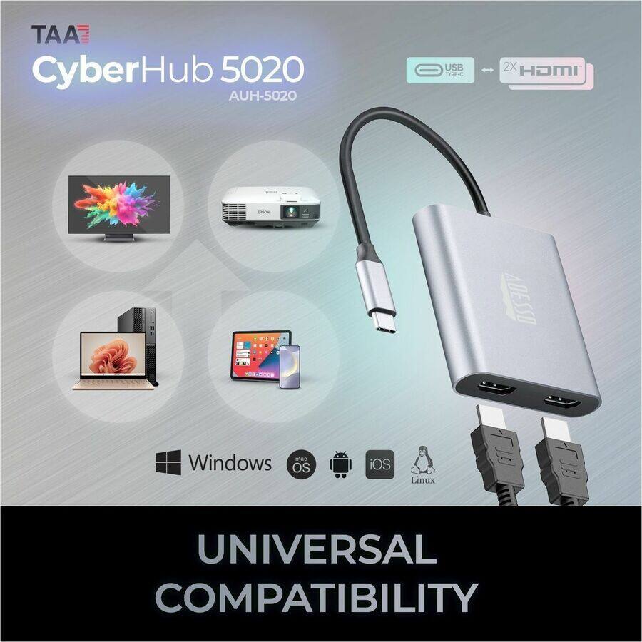 TAA CyberHub 5020  
AUH-5020  

USB TYPE-C  
2X HDMI  

UNIVERSAL COMPATIBILITY  

Windows  
mac OS  
iOS  
Linux