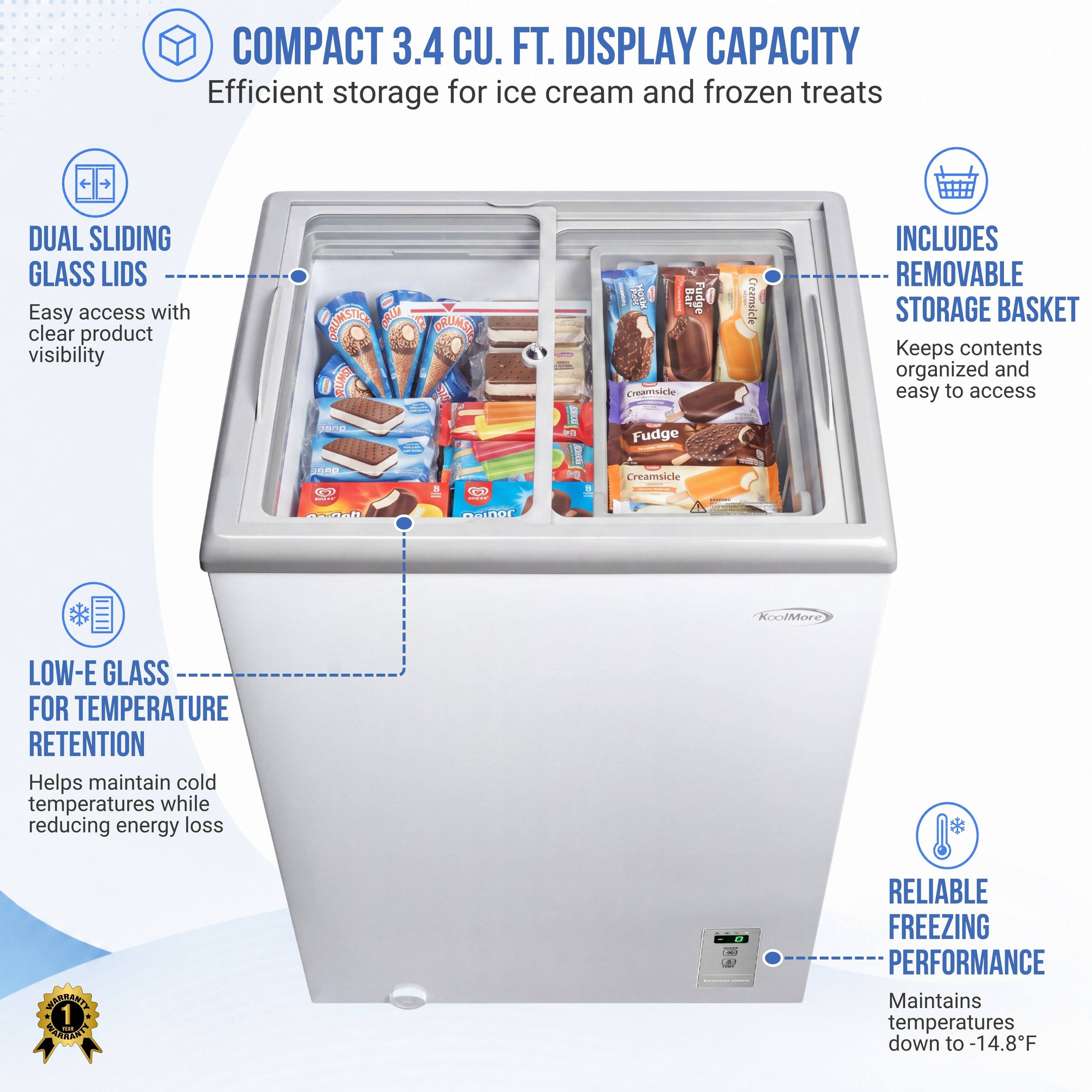 COMPACT 3.4 CU. FT. DISPLAY CAPACITY  
Efficient storage for ice cream and frozen treats  

DUAL SLIDING GLASS LIDS  
Easy access with clear product visibility  

INCLUDES REMOVABLE STORAGE BASKET  
Keeps contents organized and easy to access  

LOW-E GLASS FOR TEMPERATURE RETENTION  
Helps maintain cold temperatures while reducing energy loss  

RELIABLE FREEZING PERFORMANCE  
Maintains temperatures down to -14.8°F