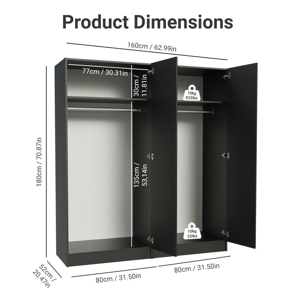 Product Dimensions

- Height: 180cm / 70.87in
- Width: 160cm / 62.99in
- Depth: 52cm / 20.47in
- Shelf Dimensions:
  - Top Shelf: 77cm / 30.31in (Width) x 30cm / 11.81in (Depth)
  - Middle Shelf: 77cm / 30.31in (Width) x 30cm / 11.81in (Depth)
  - Bottom Shelf: 77cm / 30.31in (Width) x 30cm / 11.81in (Depth)
- Weight Capacity: 10kg / 22lbs per shelf
- Overall Dimensions: 80cm / 31.50in (Width) x 180cm / 70.87in (Height) x 52cm / 20.47in (Depth)