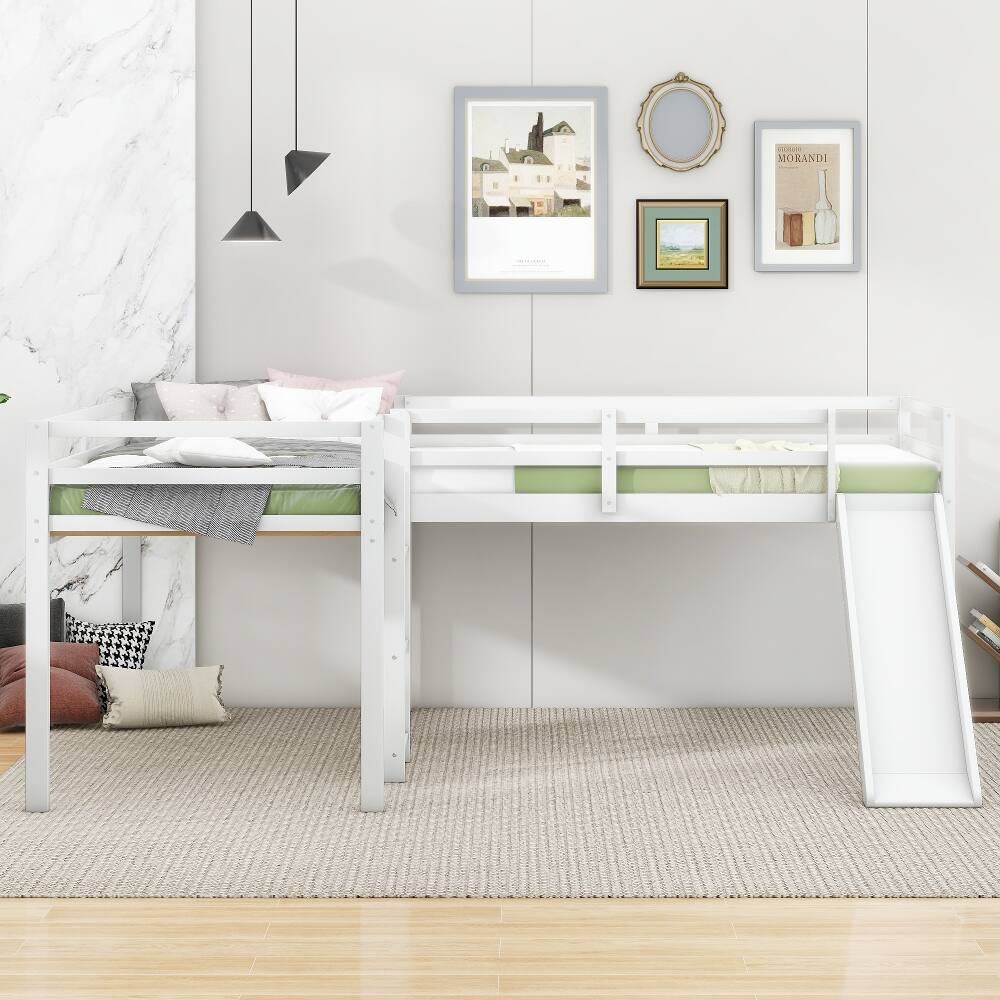 Left. Loheer - Loheer L-Shaped Twin Loft Bed with Slide and Ladder, White Corner Bed - White.