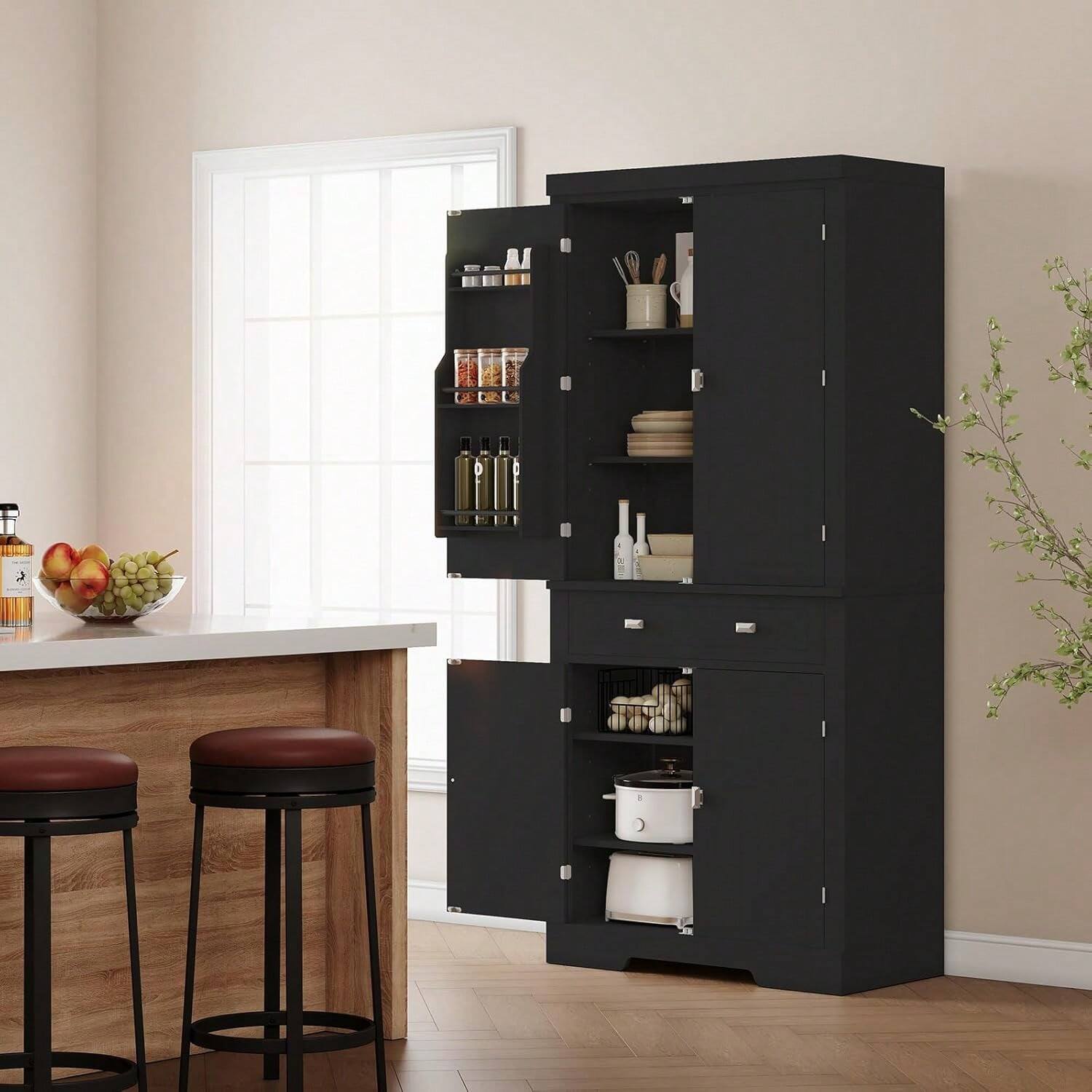 Left. GARVEE - 72" Kitchen Pantry Cabinet, Freestanding Tall Storage Cabinet With 6 Door Shelves, 2 Cabinets And 1 Drawer - Black.