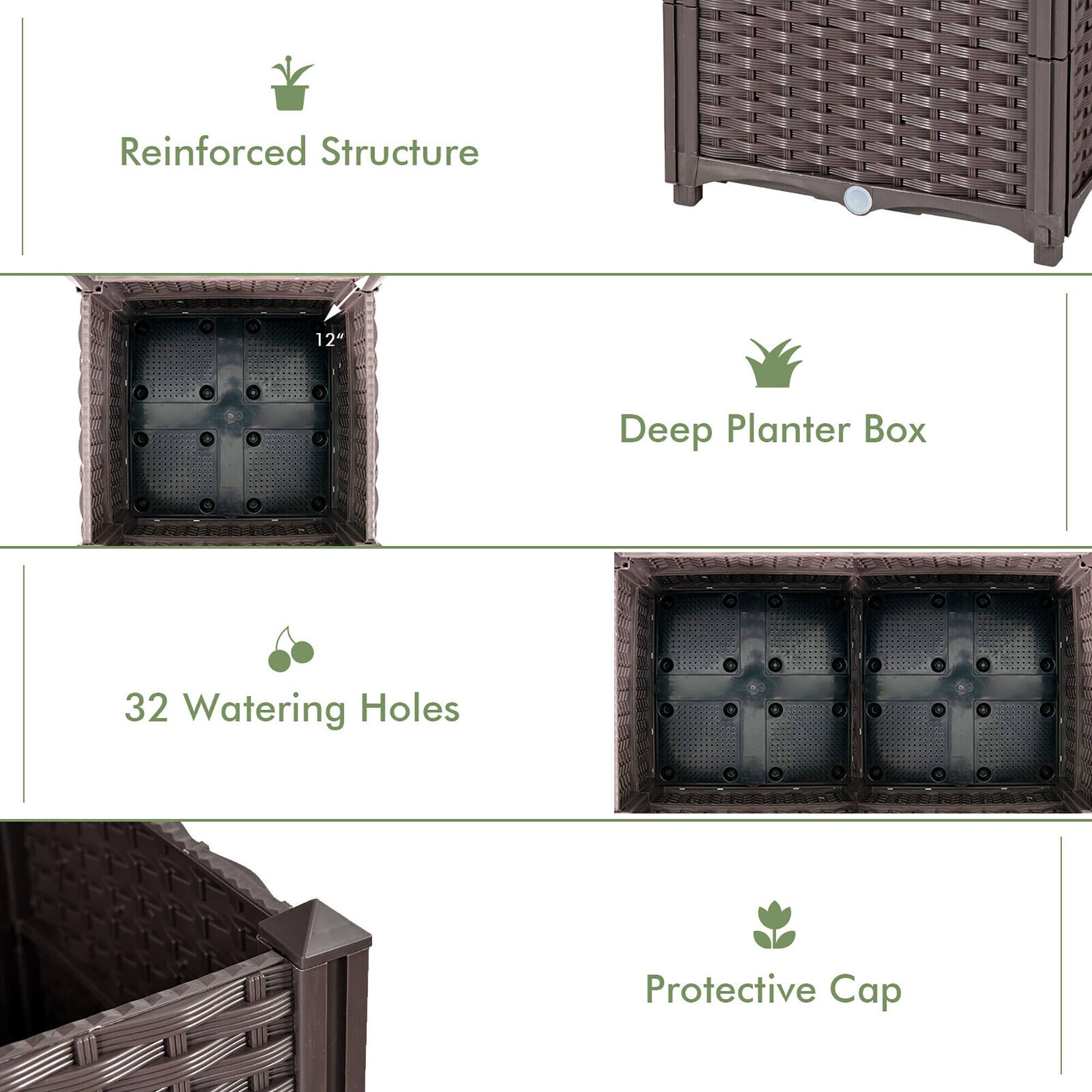 Reinforced Structure  
12" Deep Planter Box  
32 Watering Holes  
Protective Cap