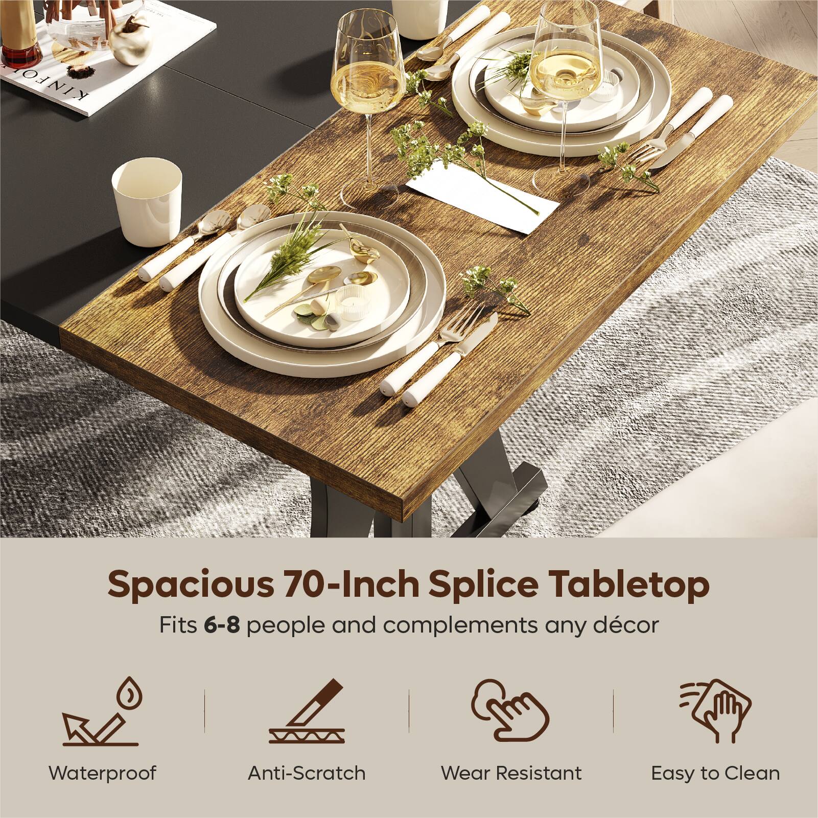 Spacious 70-Inch Splice Tabletop Fits 6-8 people and complements any dcor Waterproof Anti-Scratch Wear Resistant Easy to Clean