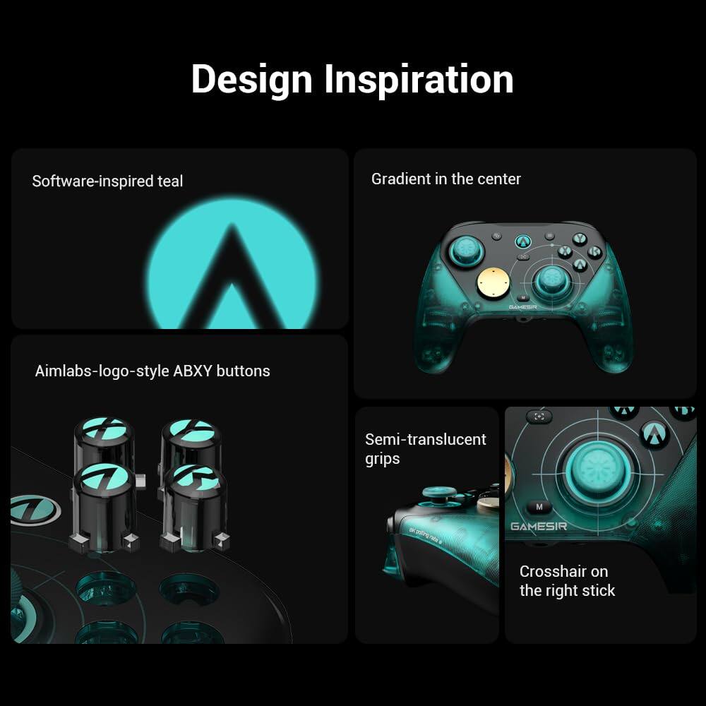 Design Inspiration

- Software-inspired teal
- Gradient in the center
- Aimlabs-logo-style ABXY buttons
- Semi-translucent grips
- Crosshair on the right stick