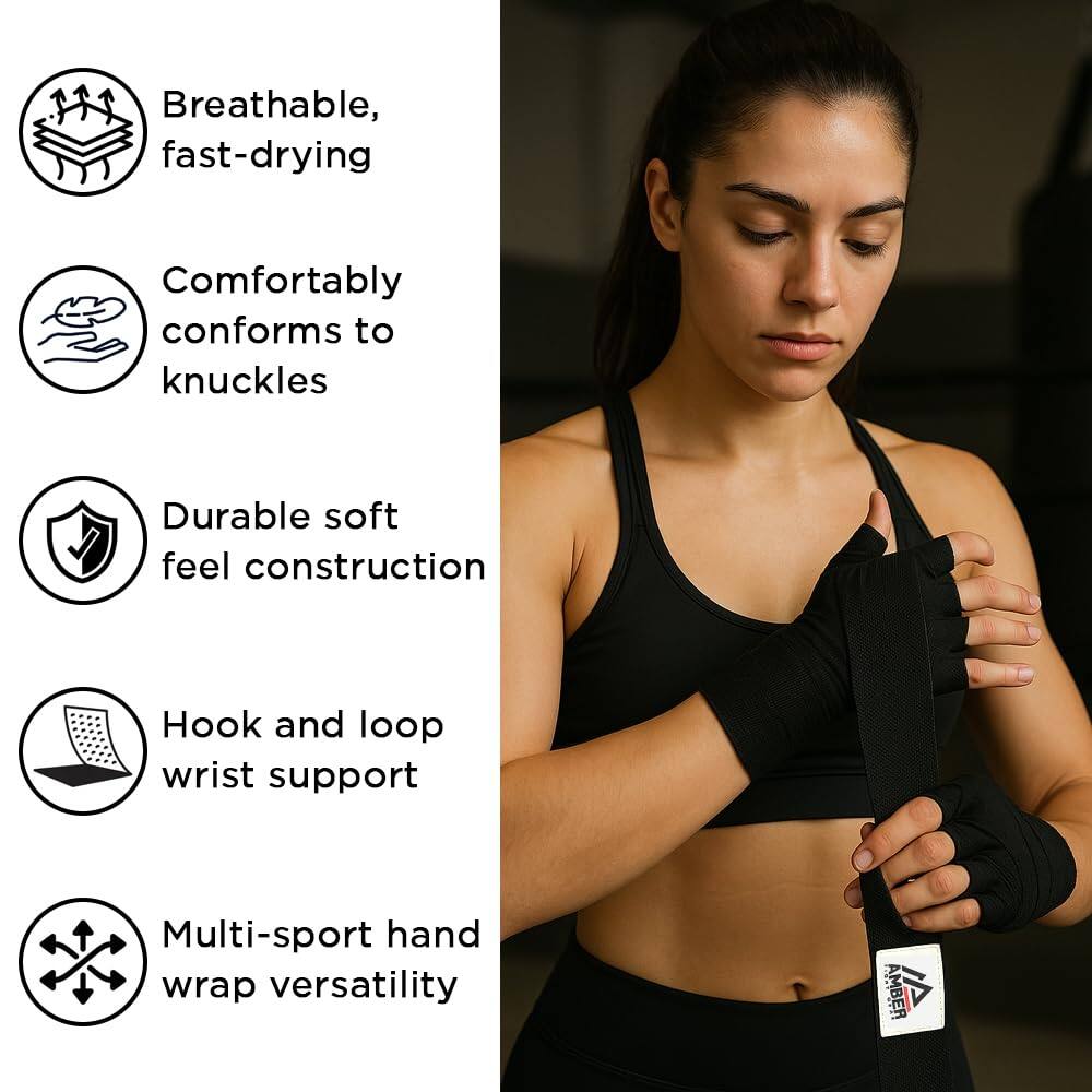 - Breathable, fast-drying
- Comfortably conforms to knuckles
- Durable soft feel construction
- Hook and loop wrist support
- Multi-sport hand wrap versatility
- AMBER
