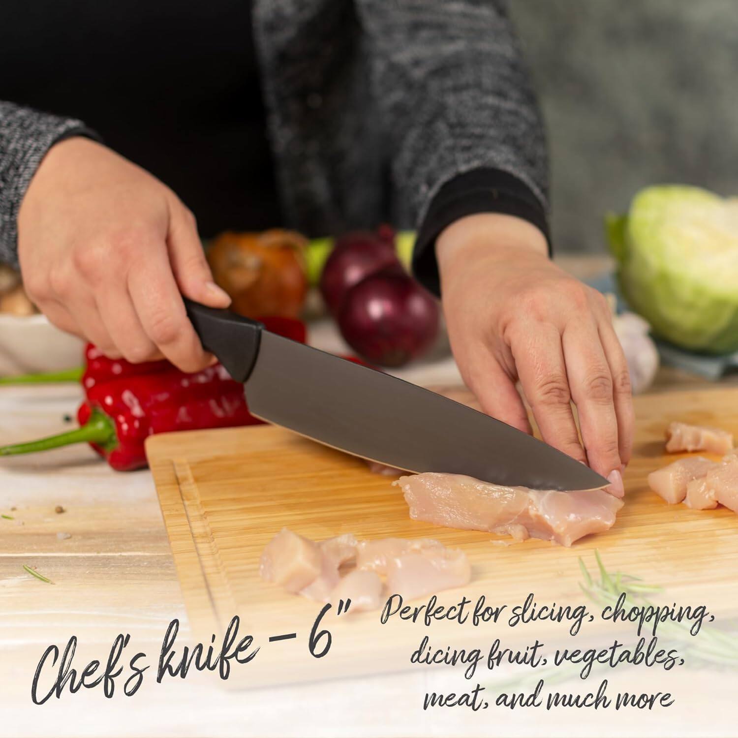 Perfect for slicing, chopping, dicing fruit, vegetables, meat, and much more

Chef's knife - 6"