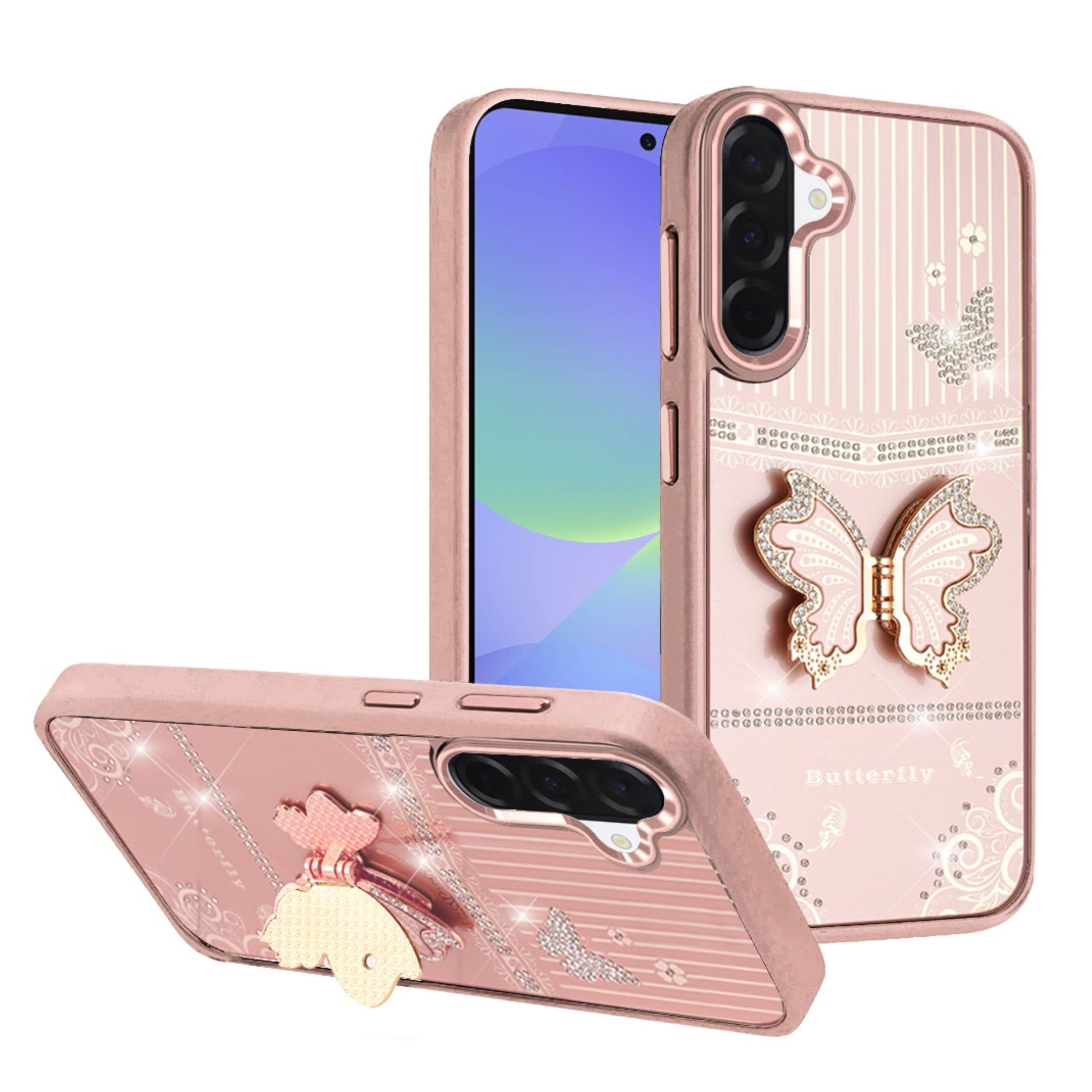 Kitcheniva - 3D Butterfly Bling Charm Stand Phone Case With Tempered Glass For Samsung Galaxy A37 5G - Rose Gold price history on PriceWatchPro
