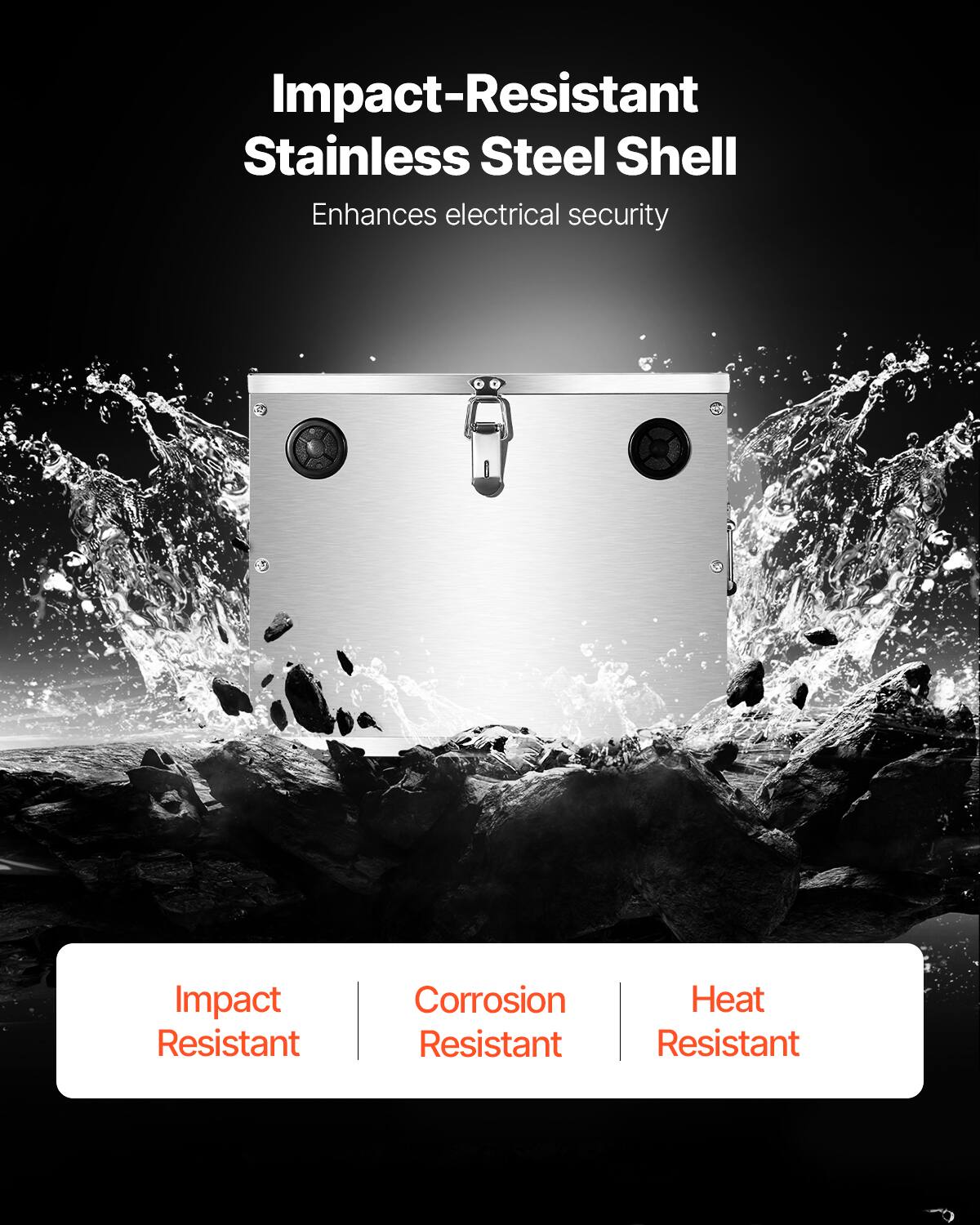Impact-Resistant Stainless Steel Shell  
Enhances electrical security  

Impact Resistant  
Corrosion Resistant  
Heat Resistant