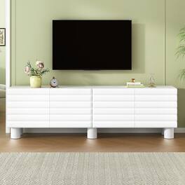 CheryLife - 70.8 in. Cream Style TV Stand with 4 Cabinets and Adjustable Shelves for TVs Up to 75" - White