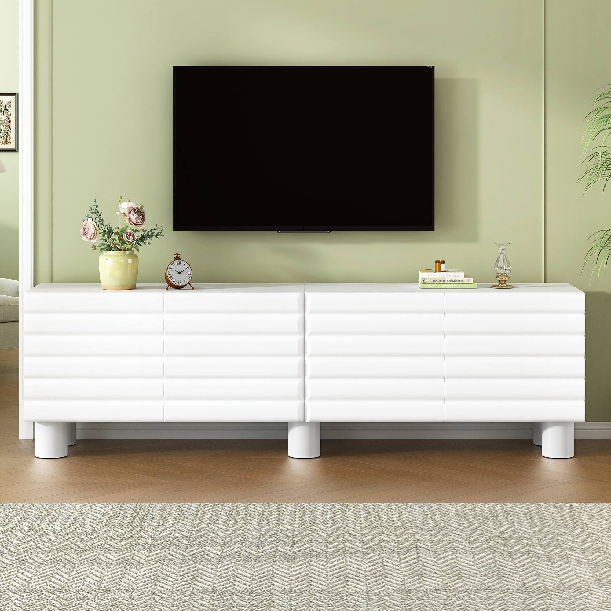 Angle. APRILSOUL - Stylish Thick Wavy Door TV Cabinet with Adjustable Shelves Cream Style TV Stand with 4 Cabinets for TVs Up to 75 In - White.