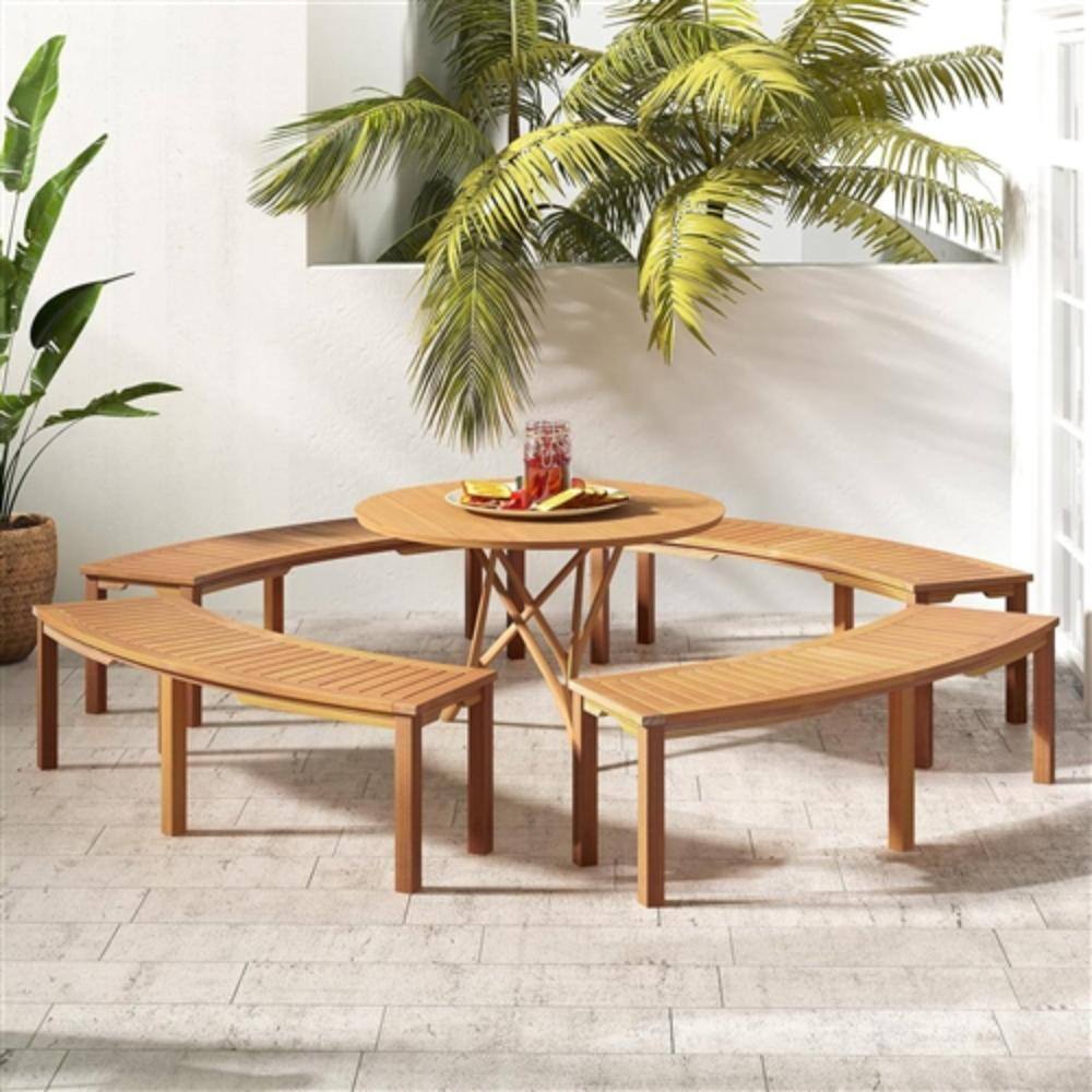 Back. Hivvago - Outdoor 2-Person Backless Wooden Garden Bench with Modern Arch Design - Brown.