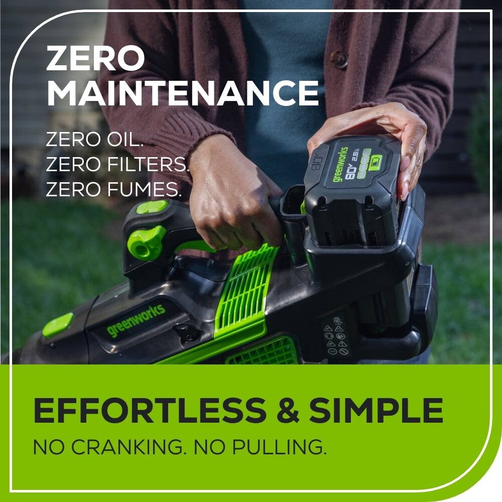 ZERO MAINTENANCE  
ZERO OIL.  
ZERO FILTERS.  
ZERO FUMES.  

EFFORTLESS & SIMPLE  
NO CRANKING. NO PULLING.