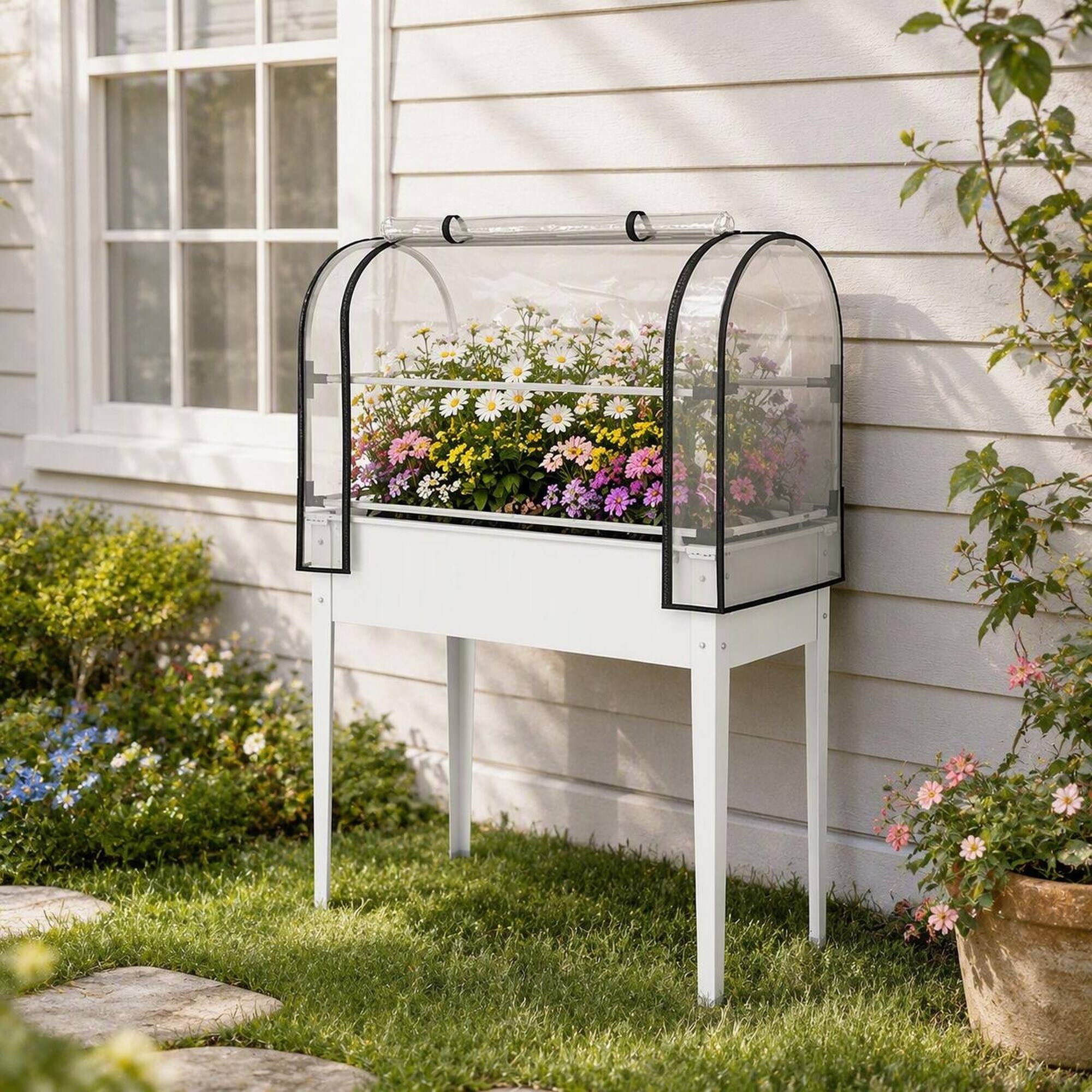Angle. RYHNUYNE - White Elevated Raised Garden Bed with Mini Greenhouse Cover, 26 Gallon Metal Planter Box on Legs for Outdoor Patio - White.