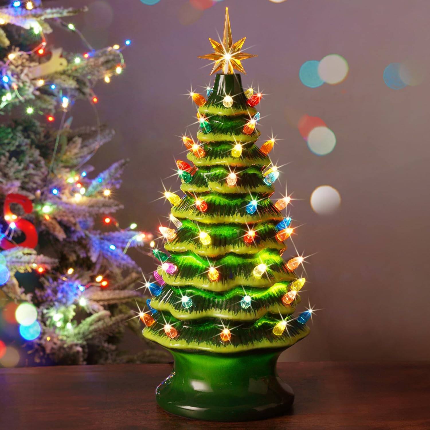 Back. Nordic Hygge - 16.5-Inch Hand-Painted Resin Christmas Tree with Lights with Multicolored LED Bulbs Green - Green.