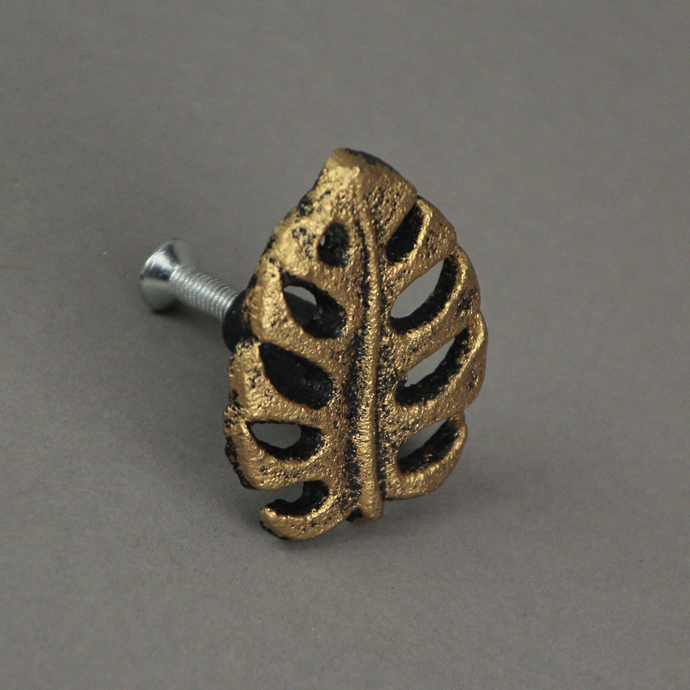 Alt View 4. Zeckos - Set of 6 Gold Cast Iron Monstera Leaf Drawer Pulls Decorative Cabinet Knobs - Gold.
