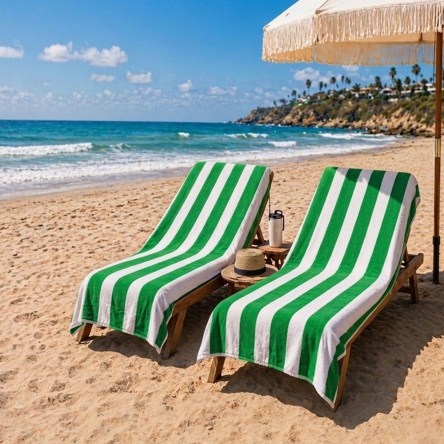 Angle. Plazatex - Plazatex Cabana Terry Cloth Stripe 80% Cotton 20% Polyester 2 Pack Beach Bath Towel 36" x 66" Green - Green.