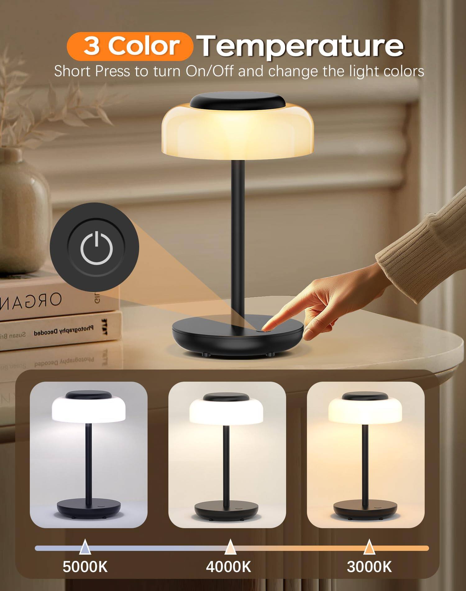 3 Color Temperature  
Short Press to turn On/Off and change the light colors  

5000K 4000K 3000K