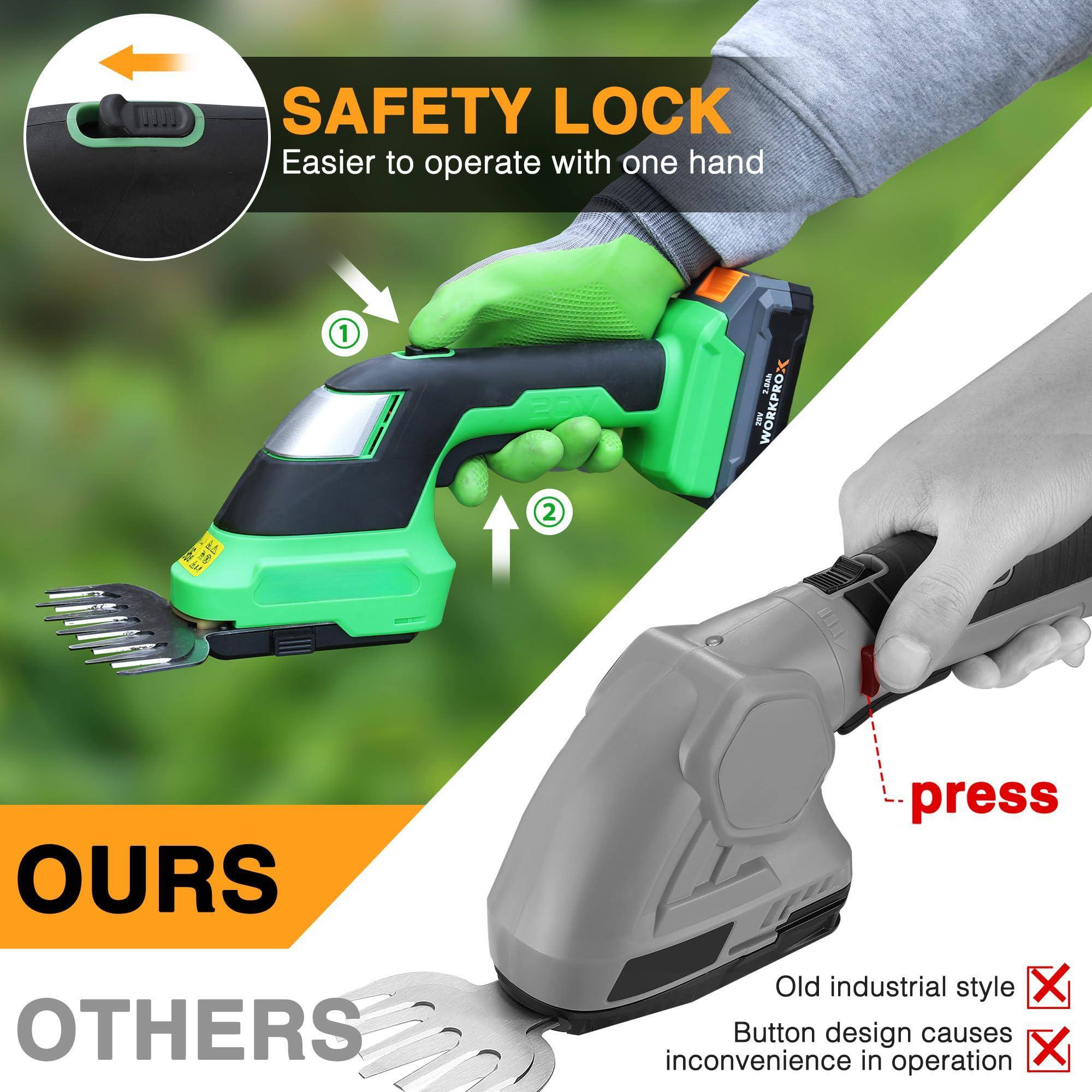 SAFETY LOCK  
Easier to operate with one hand

1.  
2.  

OURS

OTHERS

Old industrial style  
Button design causes inconvenience in operation