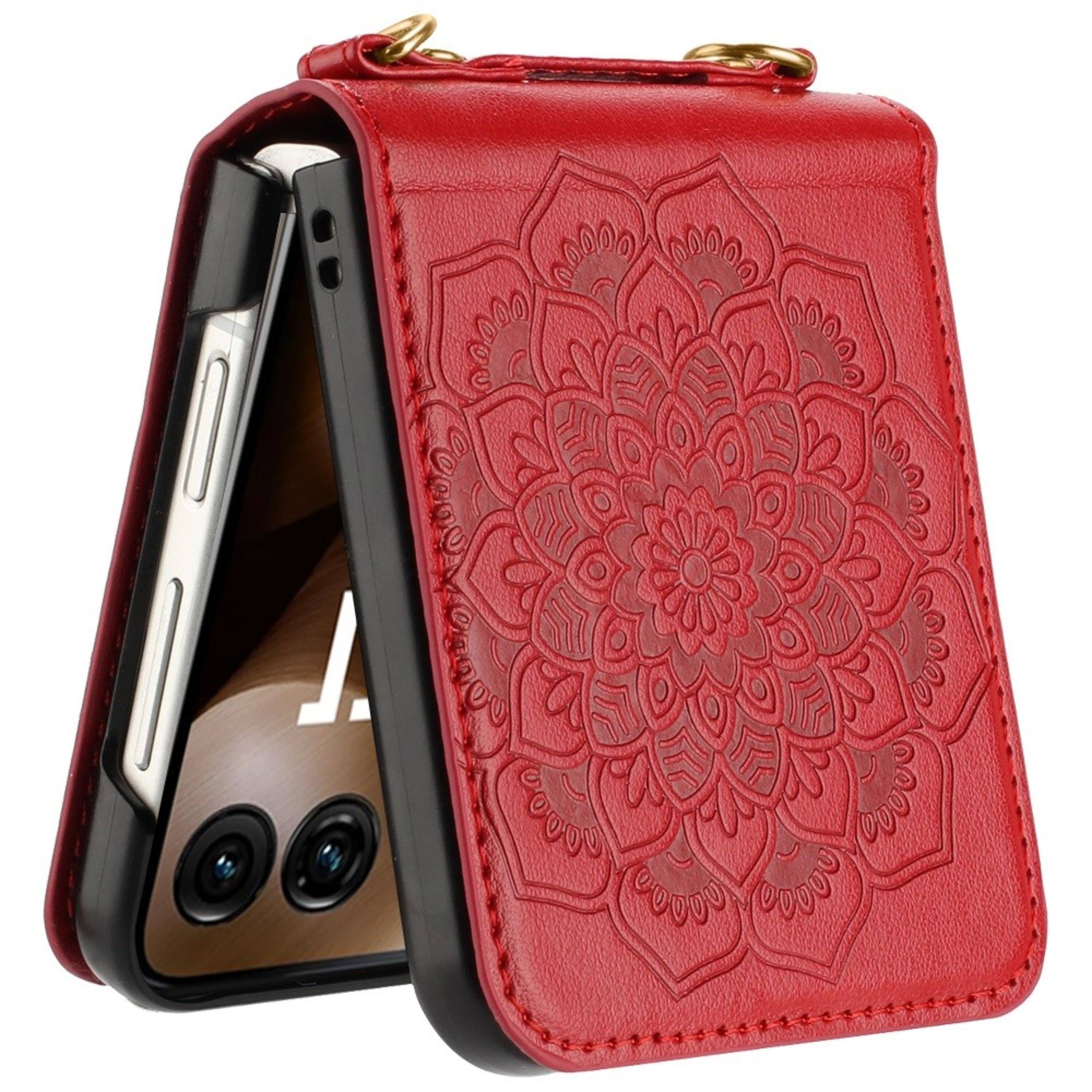 Angle. Kitcheniva - Elegant Embossed Vegan Leather Case For Motorola Razr Ultra 2026/2025 Red - Red.