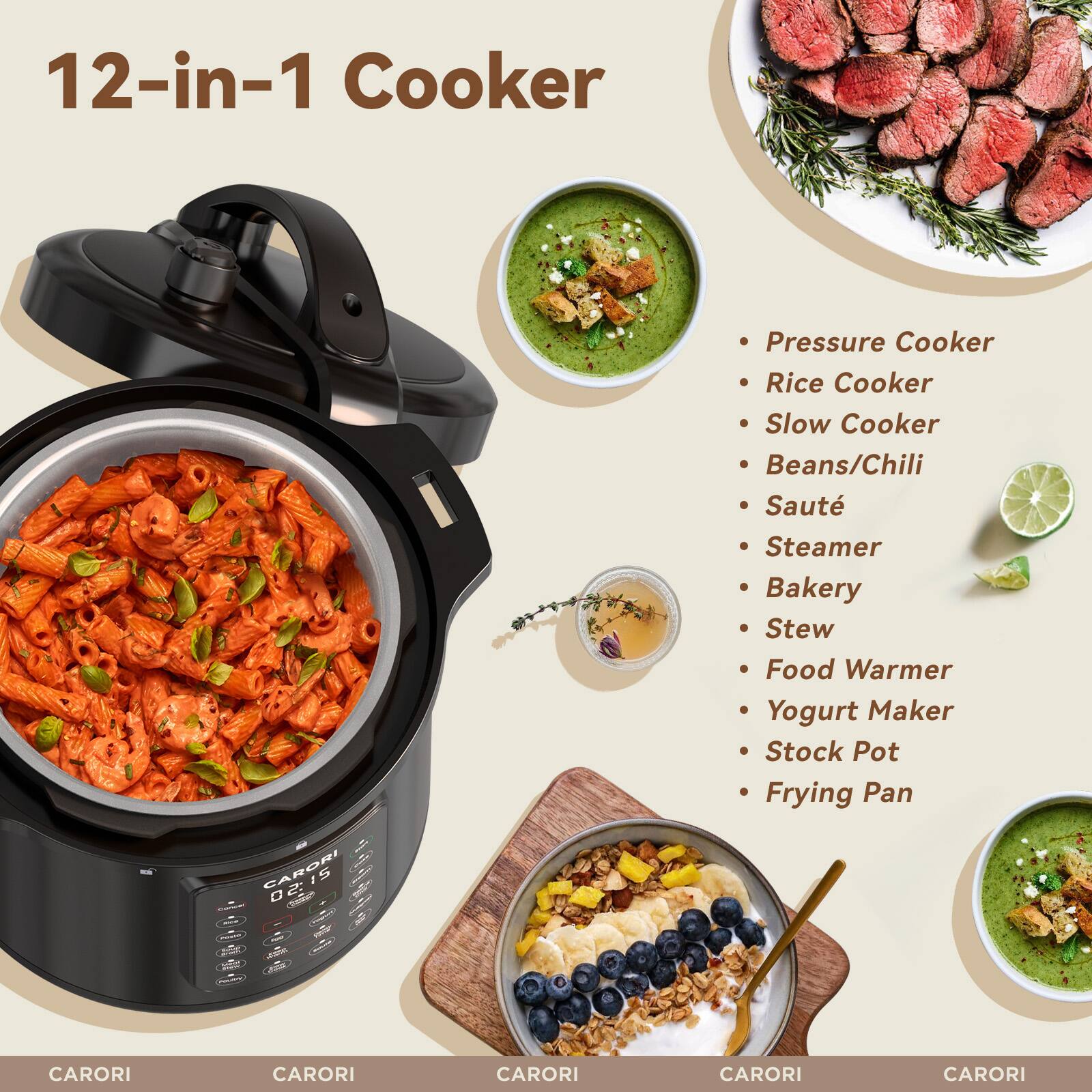 CARORI 8Qt Electric Pressure Cooker, 12 in 1 Multi Cooker
