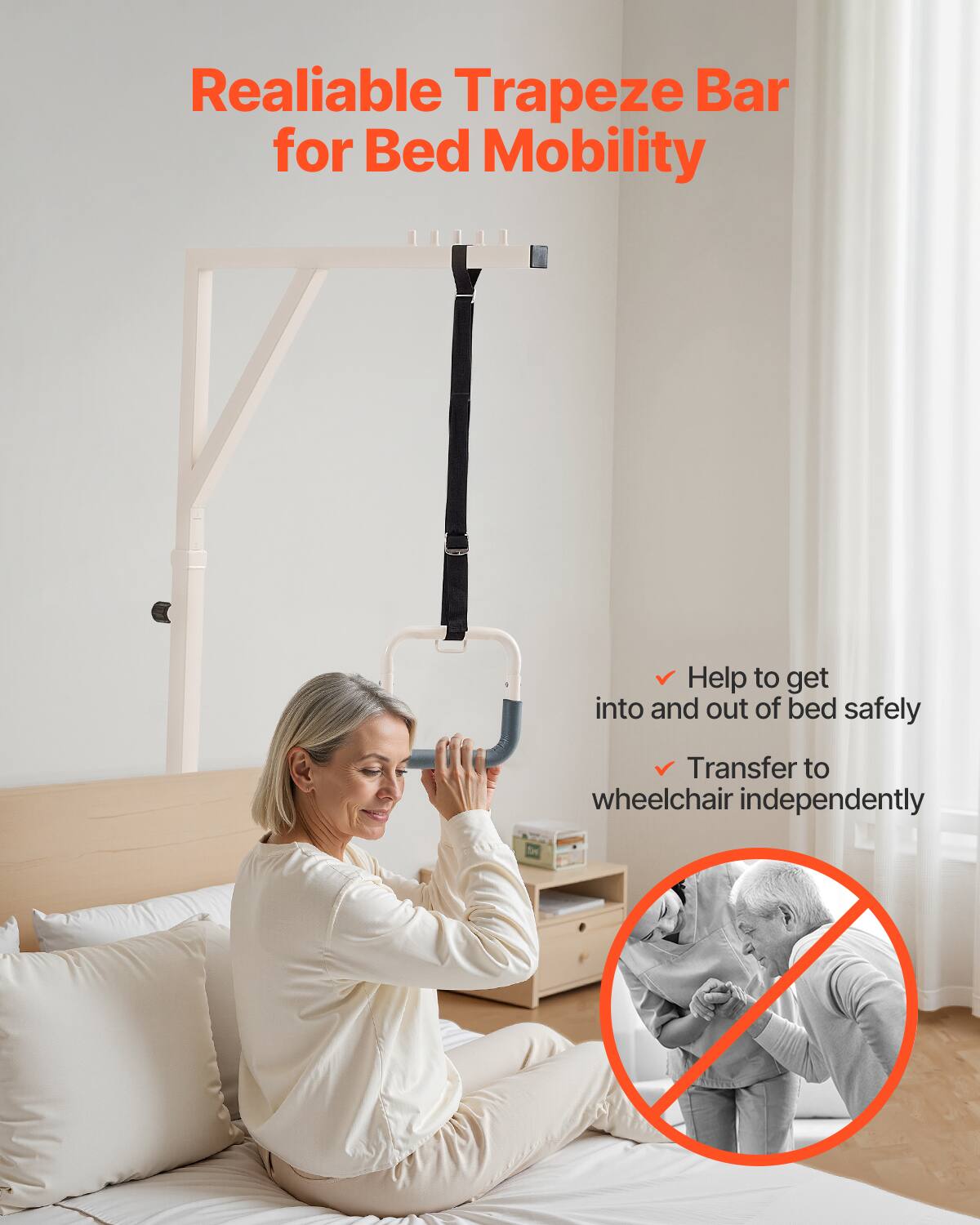 Reliable Trapeze Bar for Bed Mobility

Help to get into and out of bed safely
Transfer to wheelchair independently